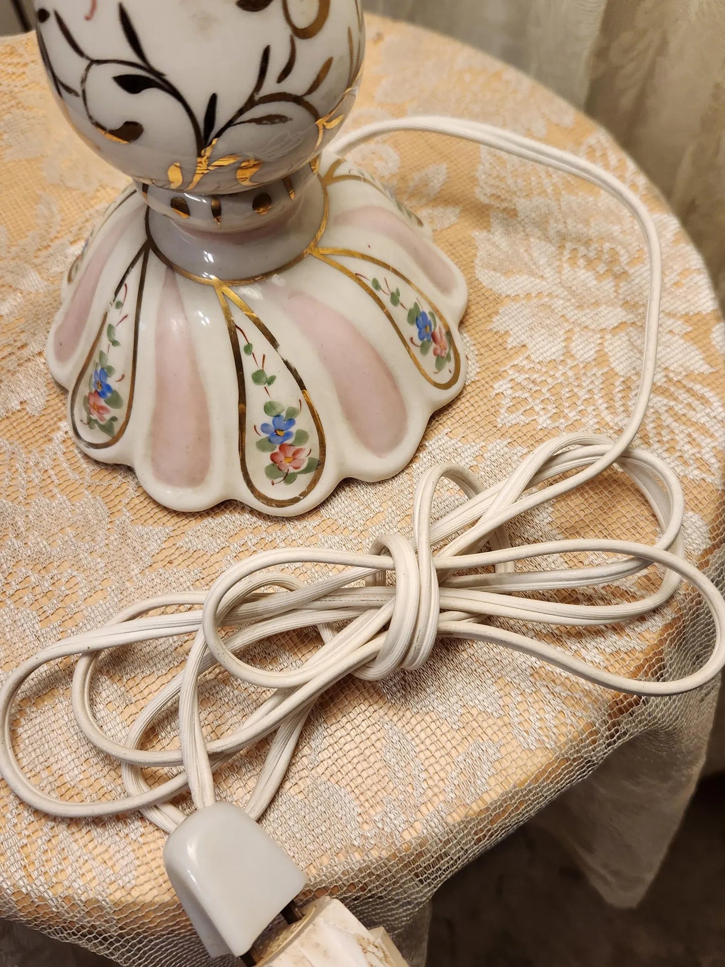 Silk Victorian Beaded and Embroidered Lampshade with French Porcelain hand painted Lamp