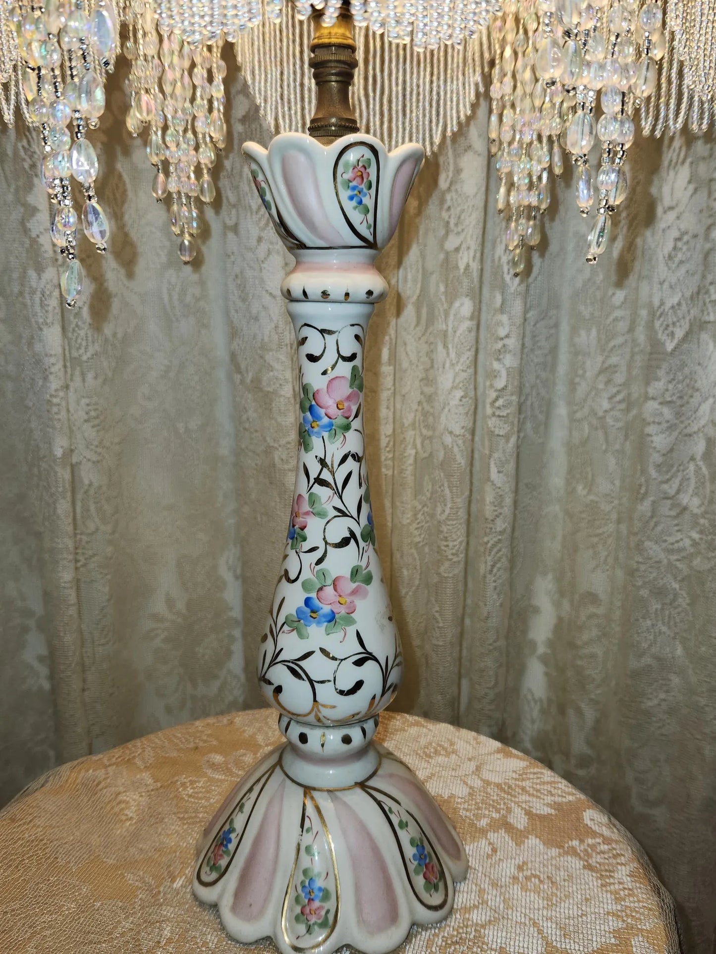 Silk Victorian Beaded and Embroidered Lampshade with French Porcelain hand painted Lamp