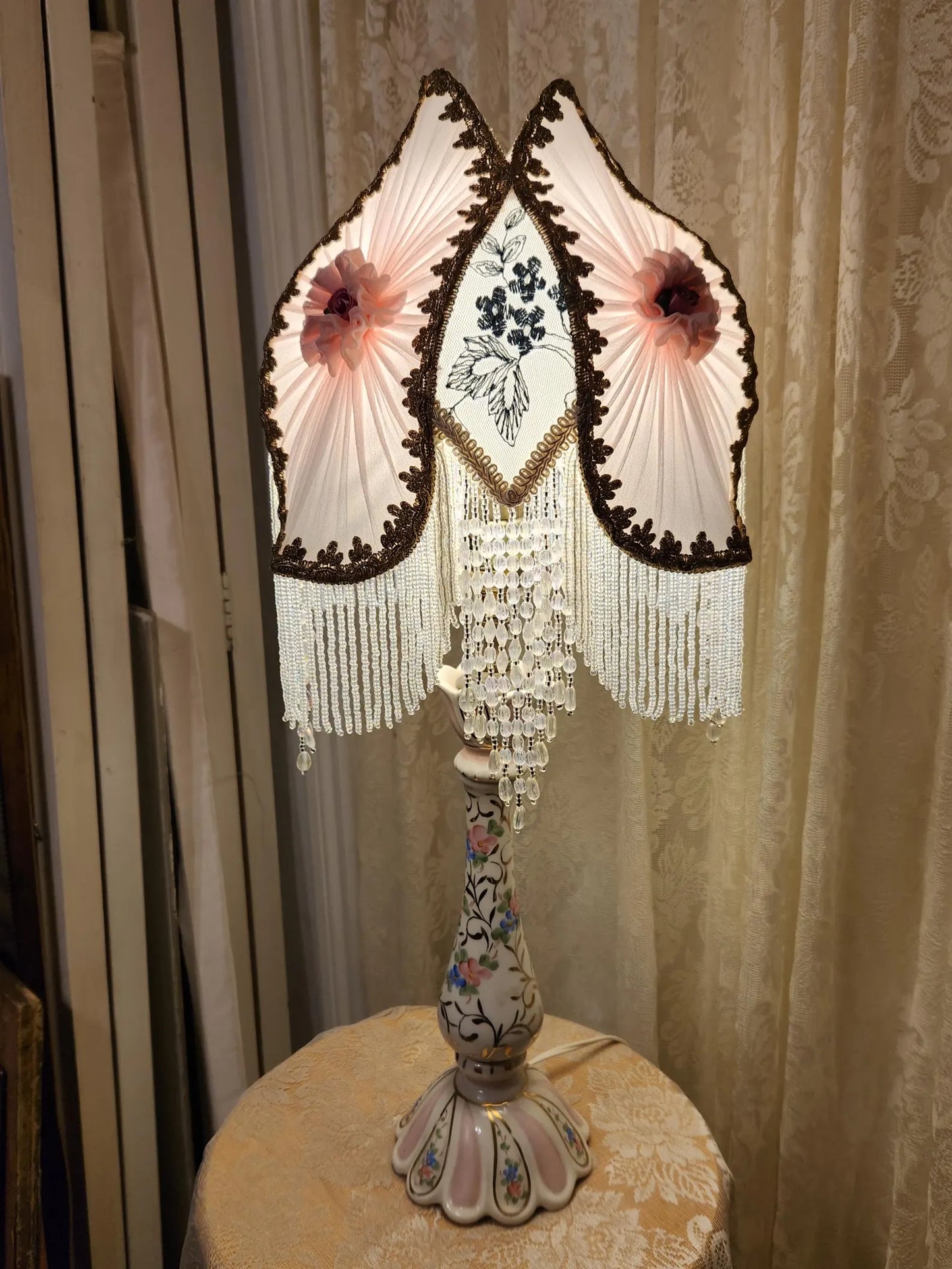 Silk Victorian Beaded and Embroidered Lampshade with French Porcelain hand painted Lamp