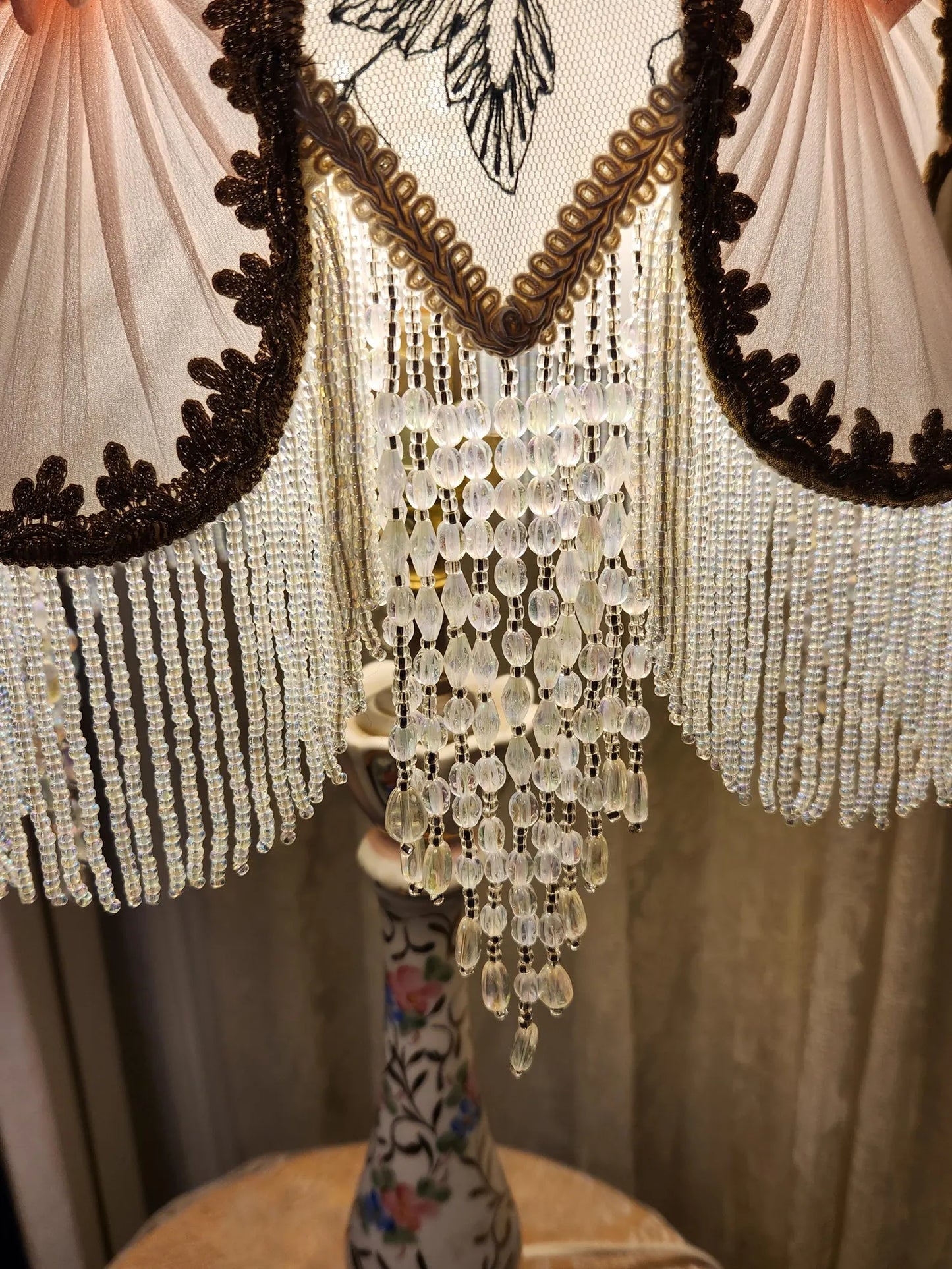 Silk Victorian Beaded and Embroidered Lampshade with French Porcelain hand painted Lamp