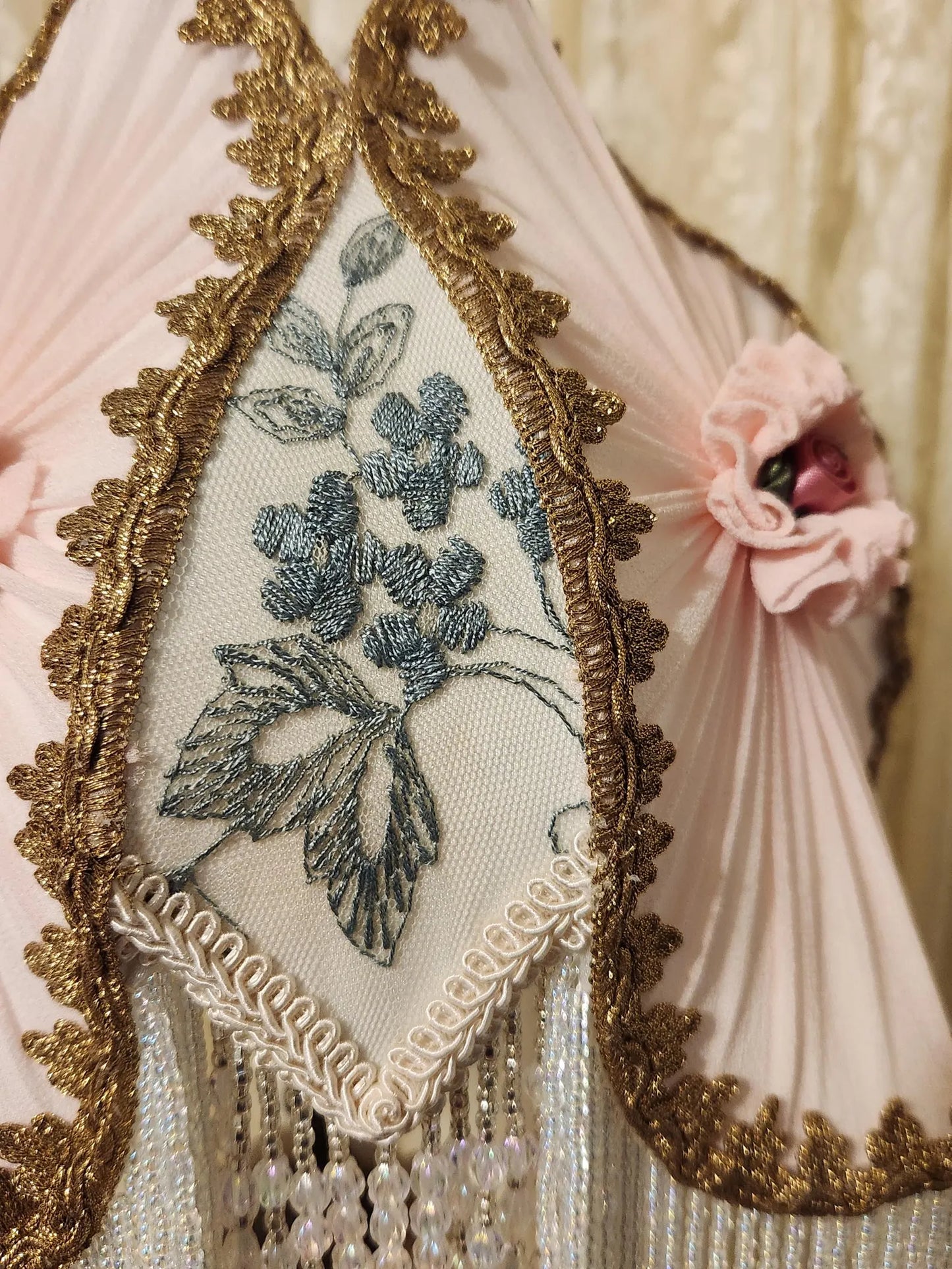 Silk Victorian Beaded and Embroidered Lampshade with French Porcelain hand painted Lamp