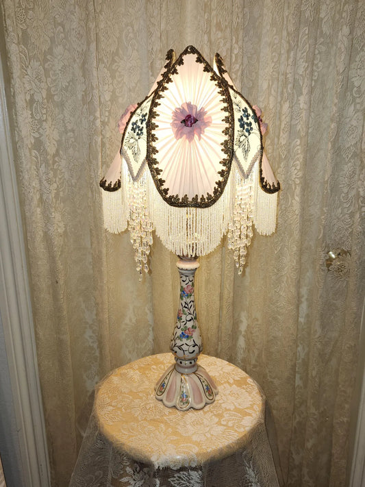 Silk Victorian Beaded and Embroidered Lampshade with French Porcelain hand painted Lamp