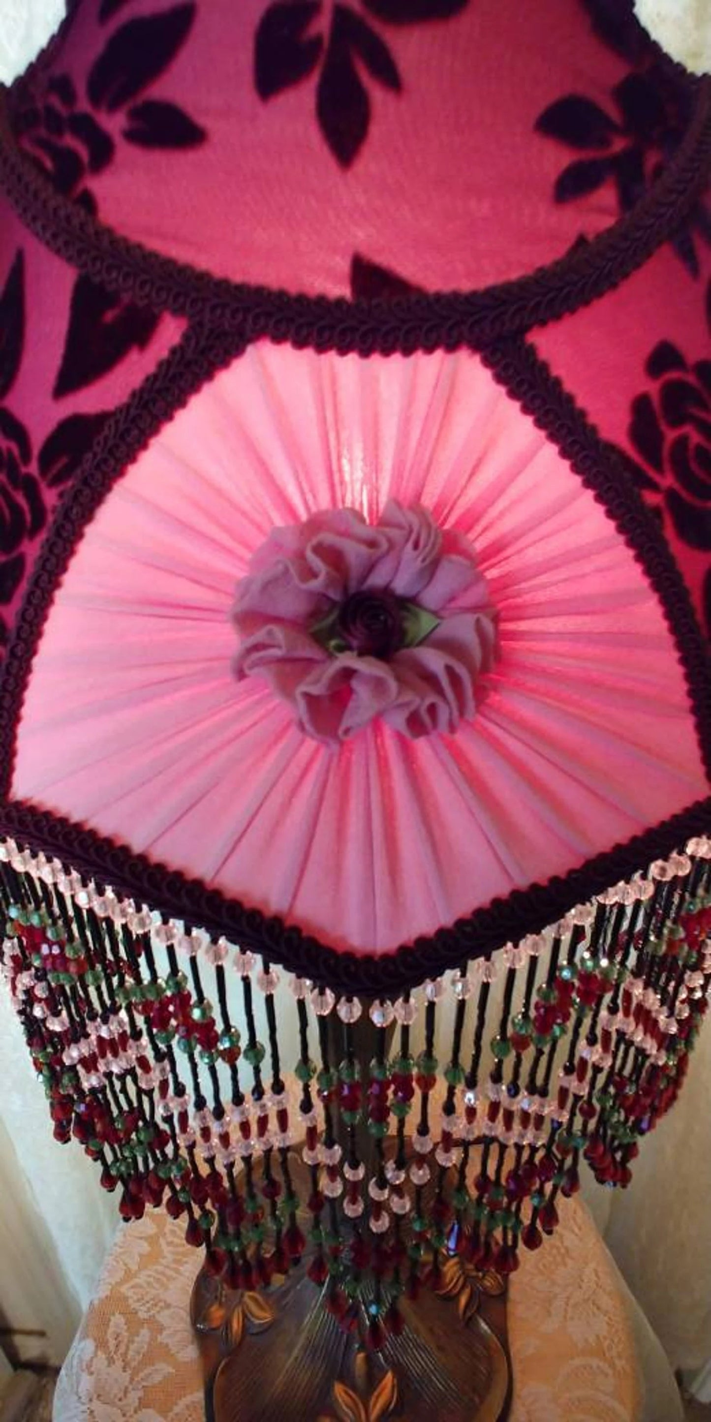 Vintage Style Cranberry Rose Beaded Shade and Lamp