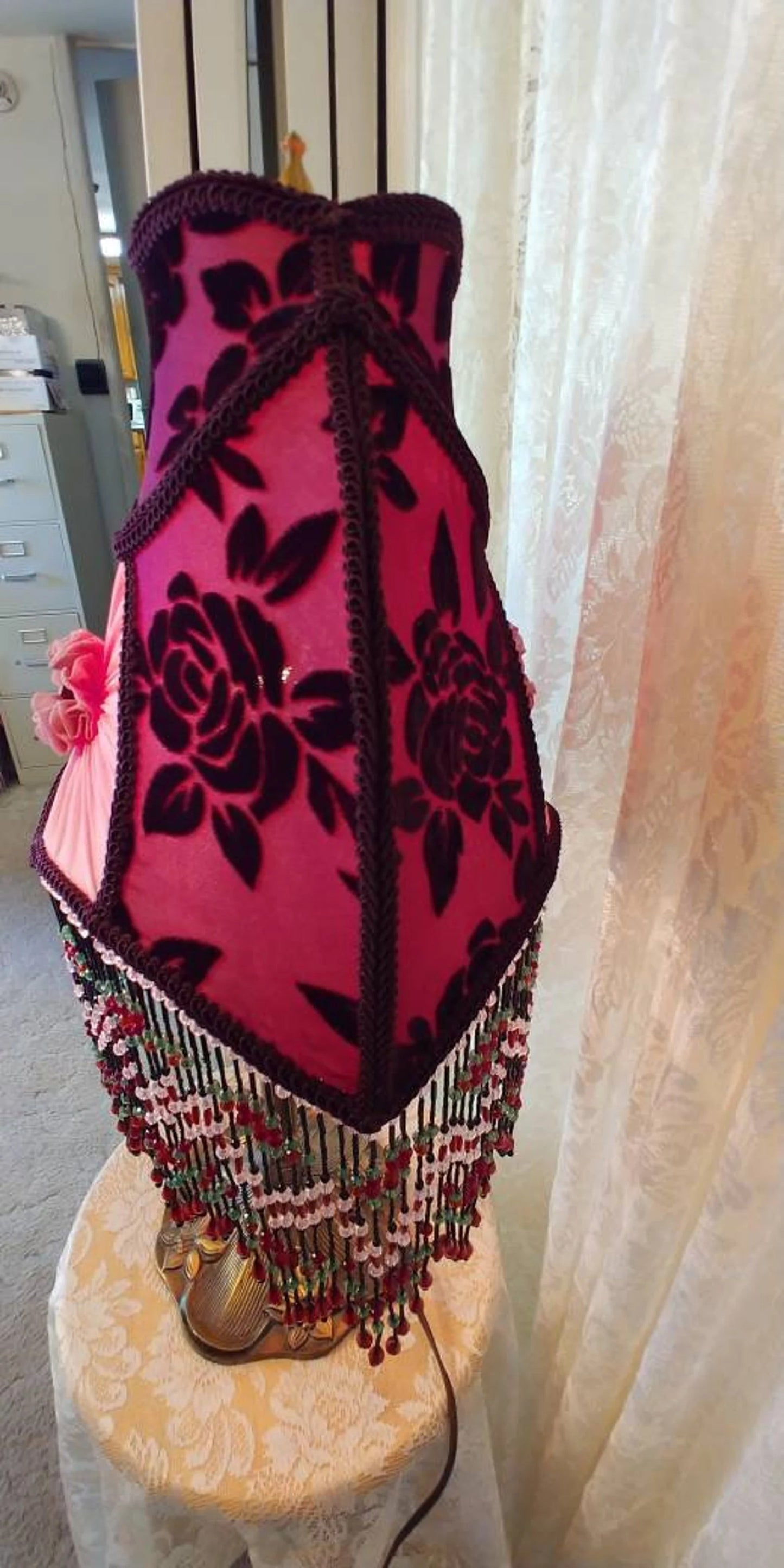 Vintage Style Cranberry Rose Beaded Shade and Lamp