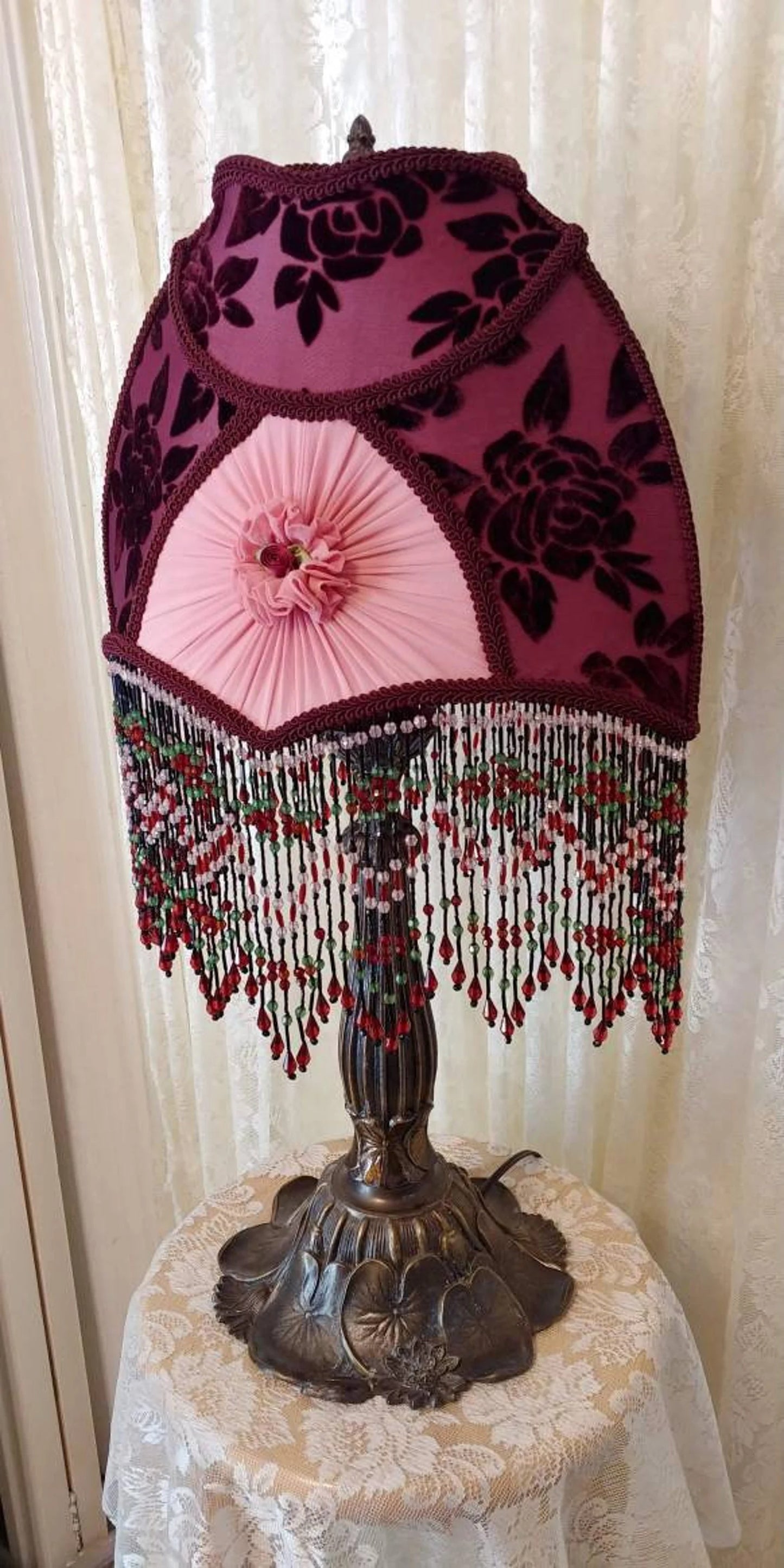 Vintage Style Cranberry Rose Beaded Shade and Lamp