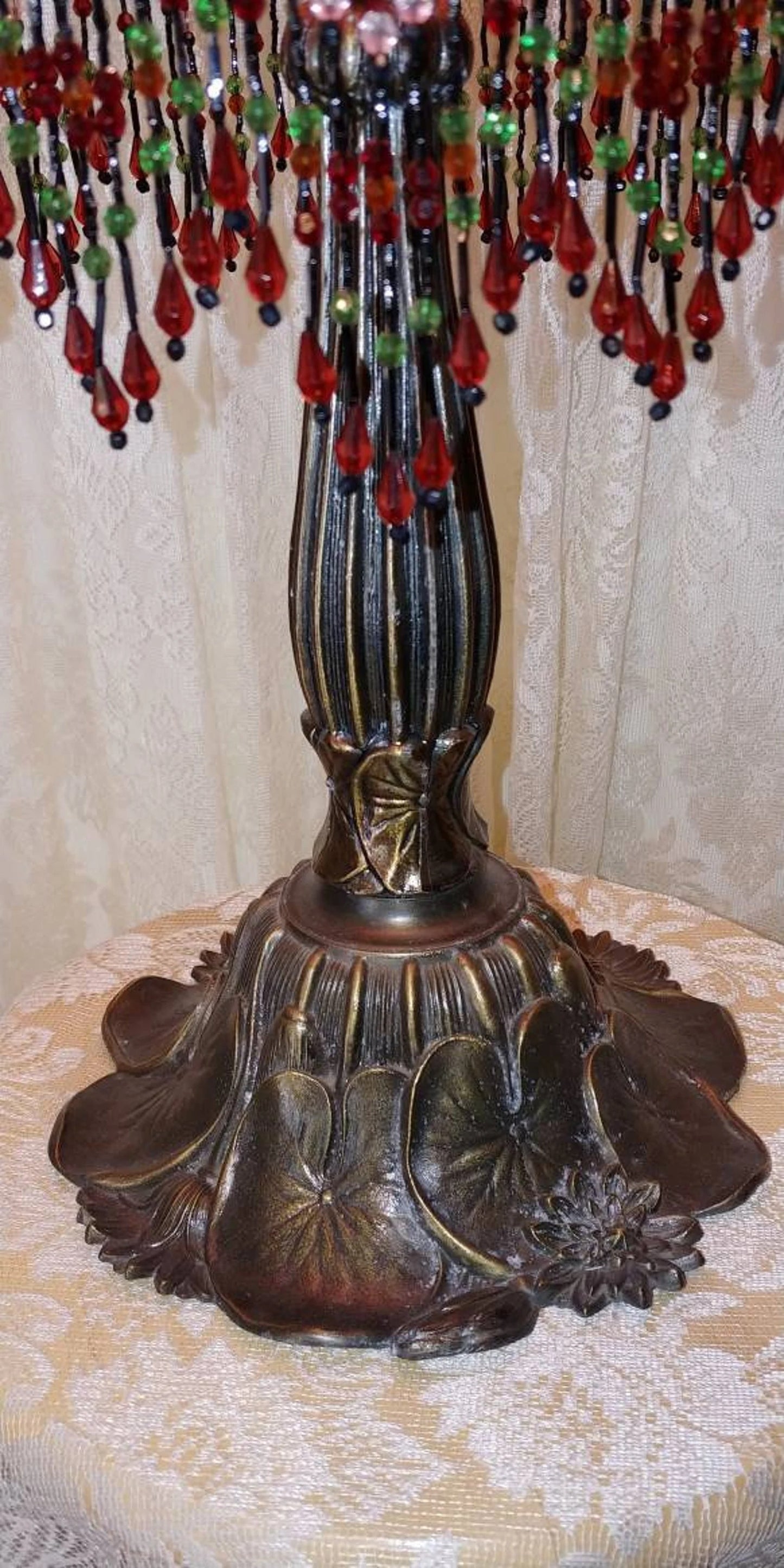 Vintage Style Cranberry Rose Beaded Shade and Lamp