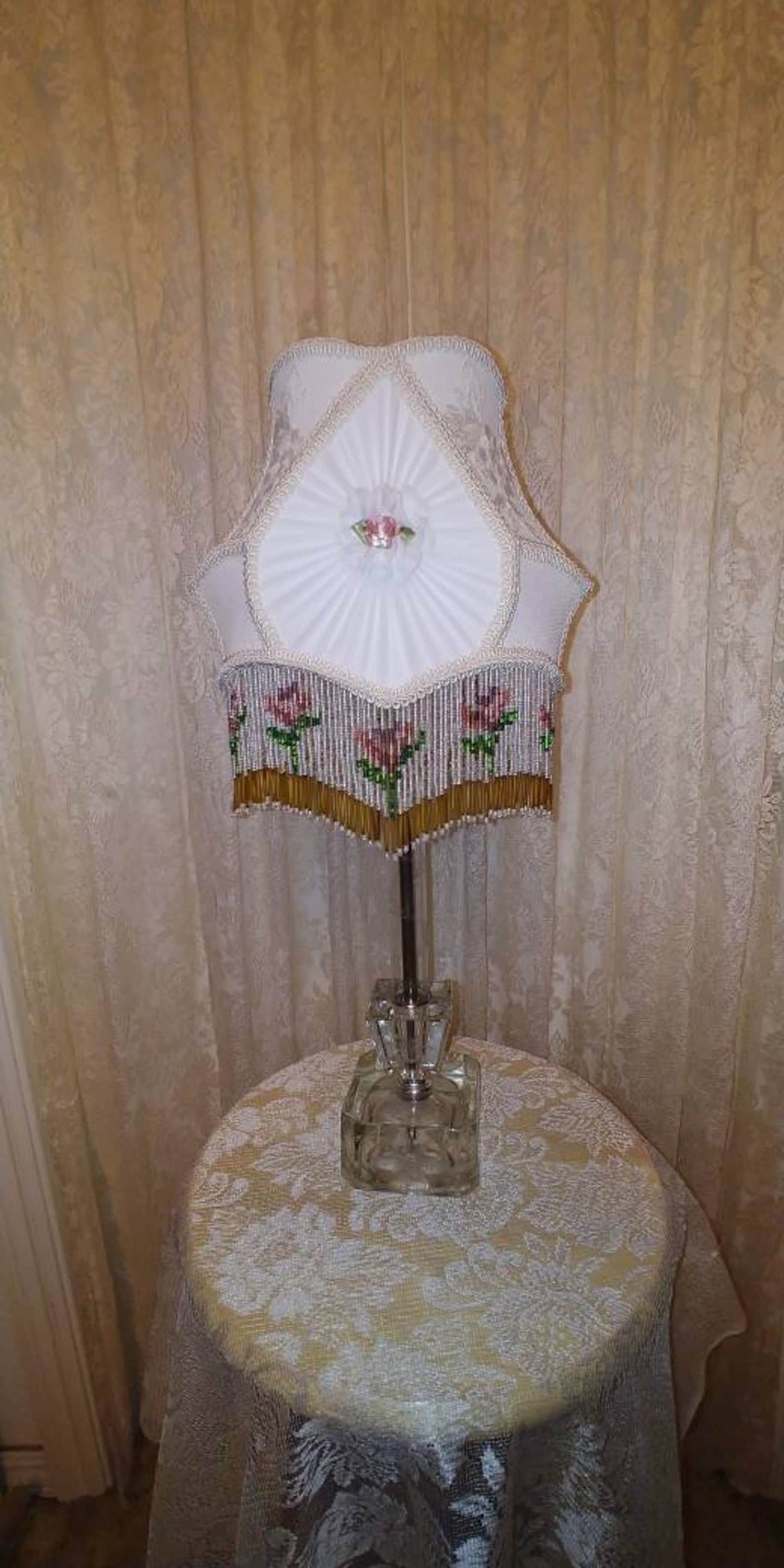 White Silk Victorian Lampshade with Floral Bead Fringe on Vintage Glass Lamp: Hand Sewn