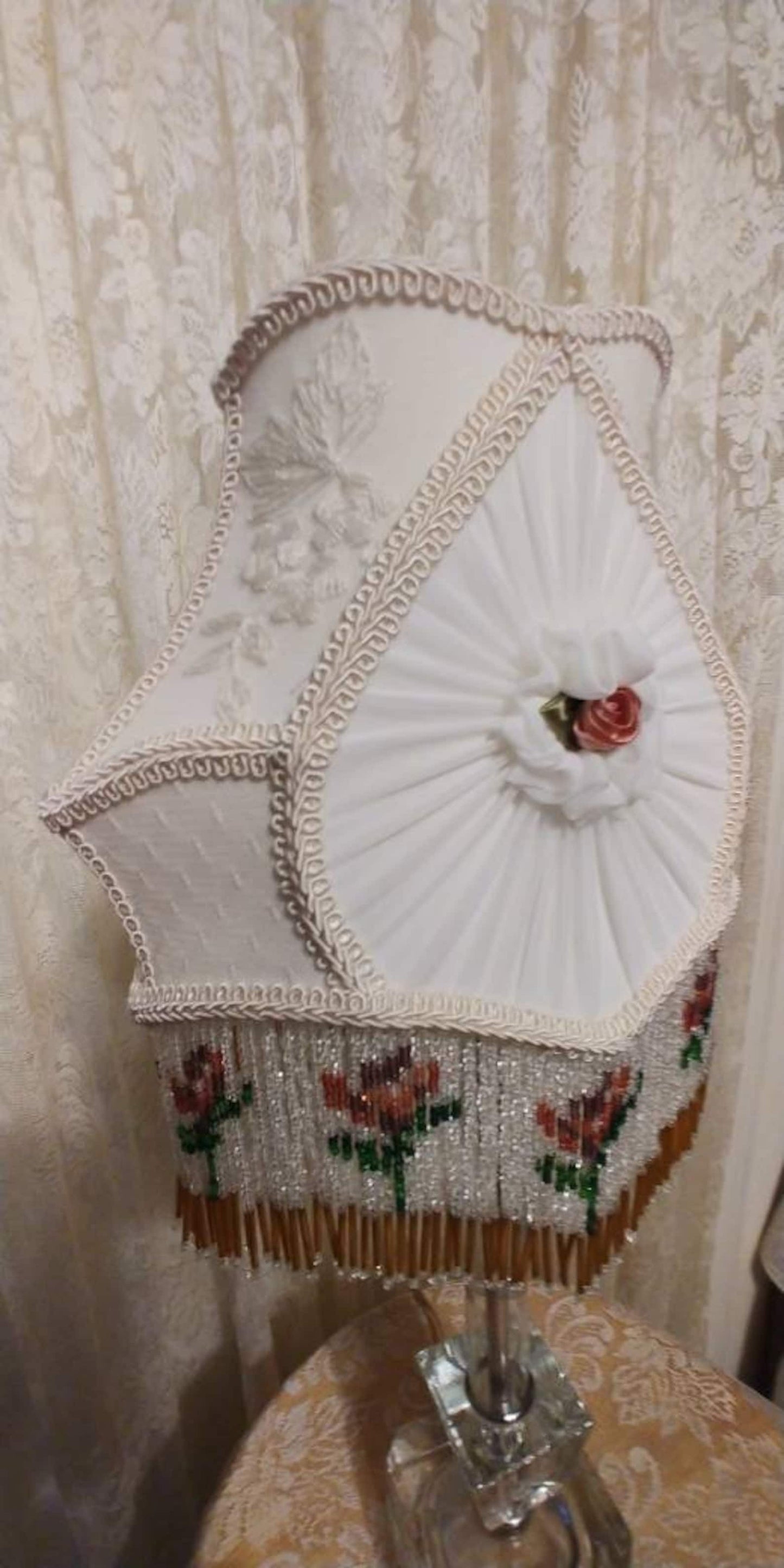 White Silk Victorian Lampshade with Floral Bead Fringe on Vintage Glass Lamp: Hand Sewn