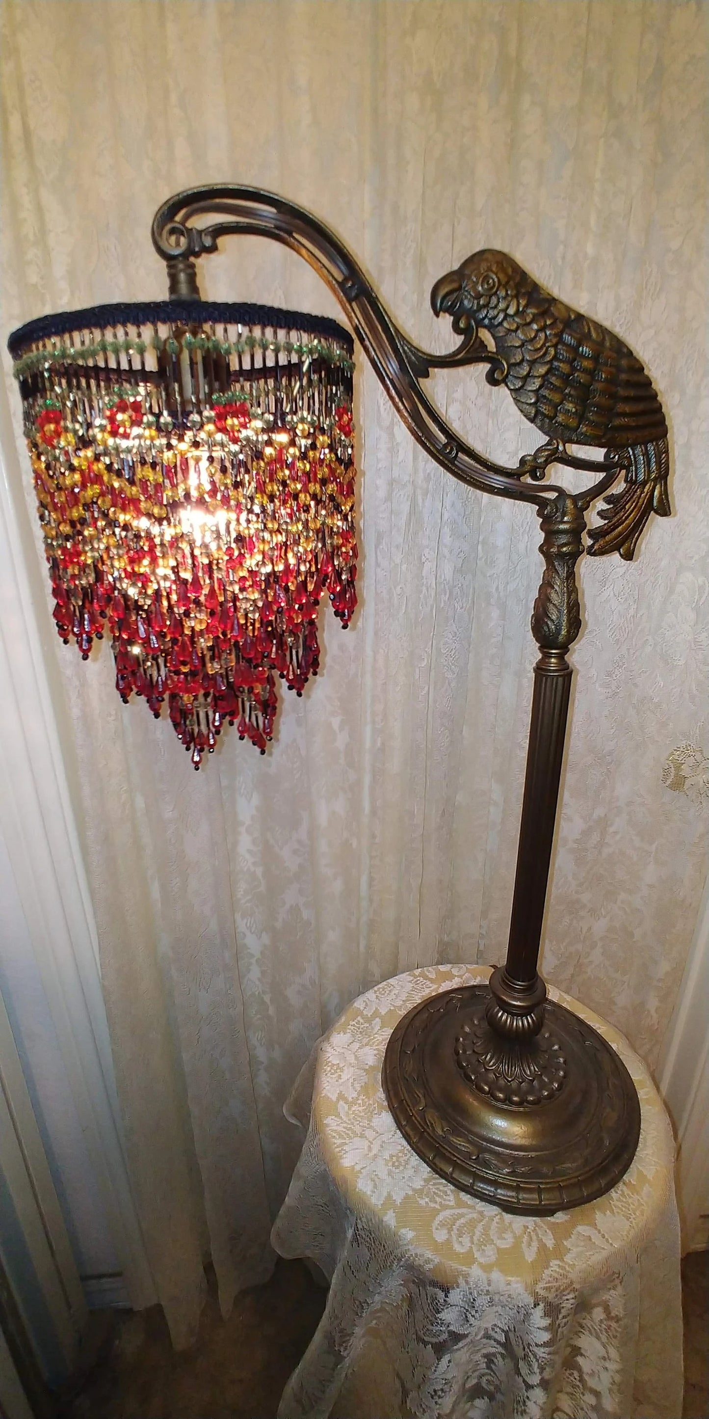 Vintage Parrott Table Bridge Lamp with Jewel tone All Bead Lamp shade