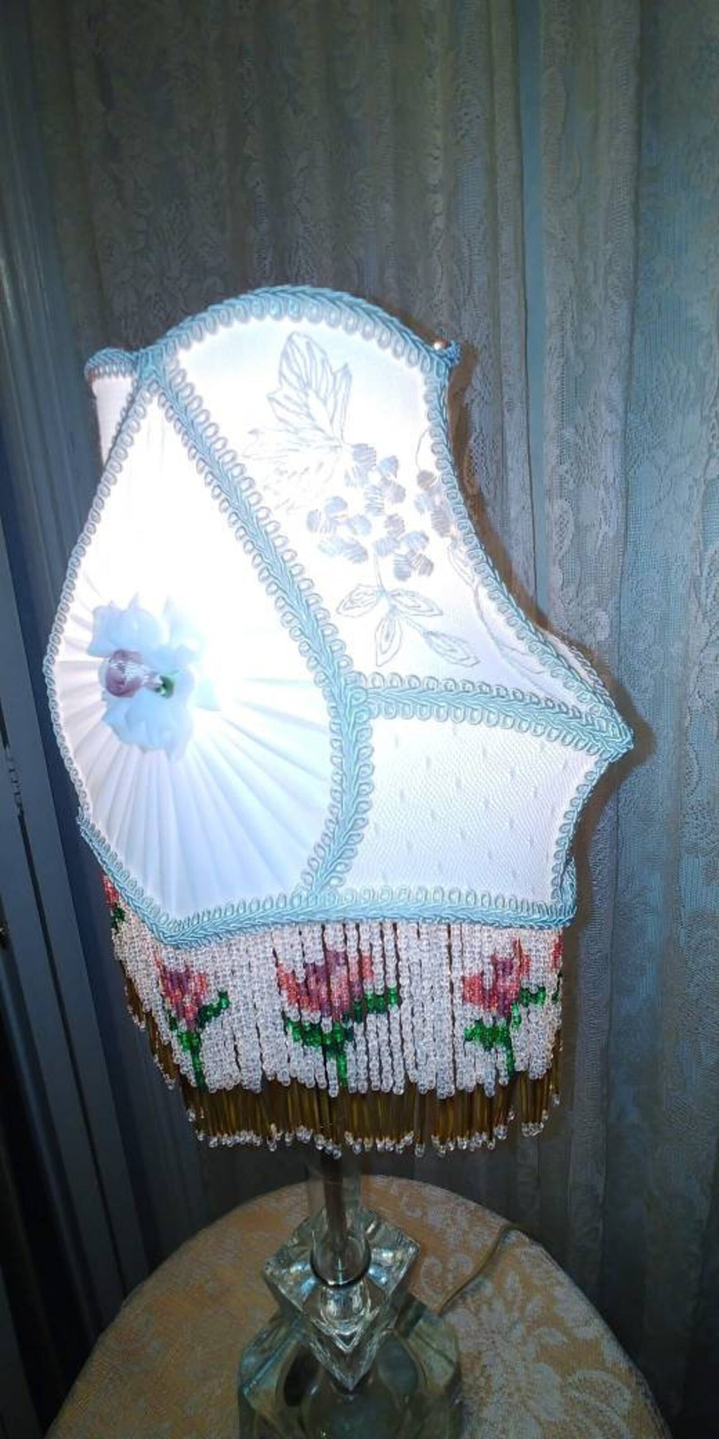 White Silk Victorian Lampshade with Floral Bead Fringe on Vintage Glass Lamp: Hand Sewn