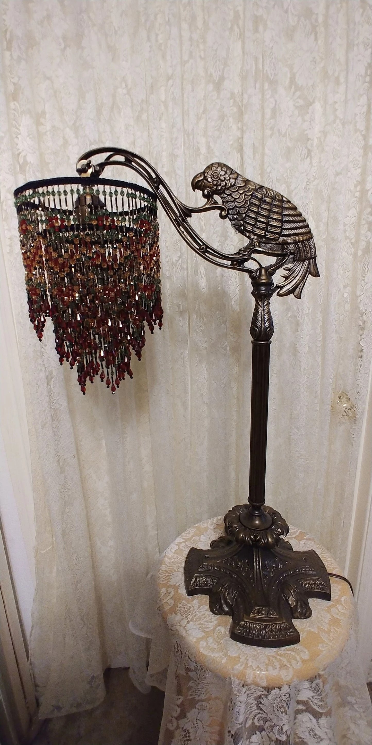 Vintage Parrott Table Bridge Lamp with Jewel tone All Bead Lamp shade