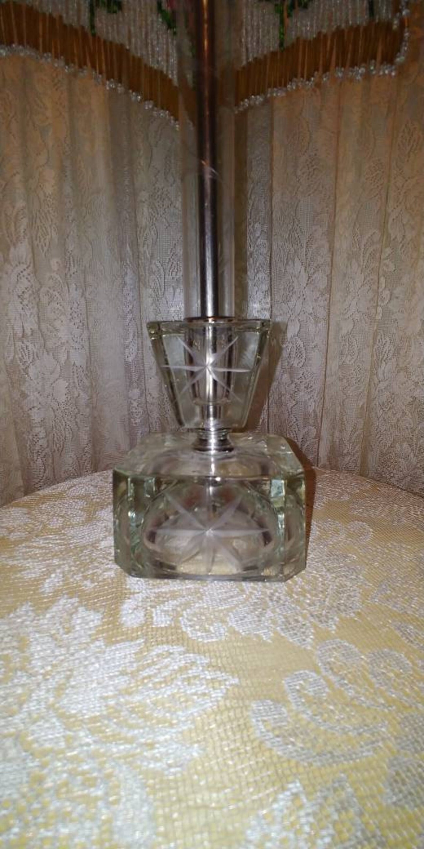 White Silk Victorian Lampshade with Floral Bead Fringe on Vintage Glass Lamp: Hand Sewn