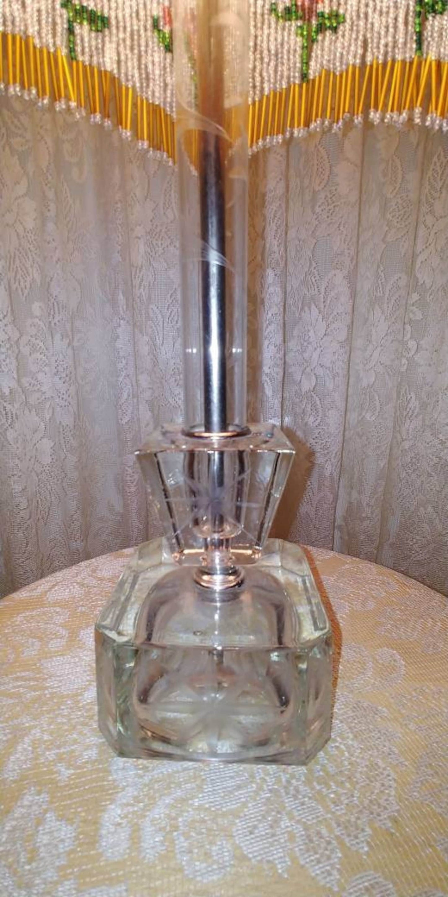 White Silk Victorian Lampshade with Floral Bead Fringe on Vintage Glass Lamp: Hand Sewn