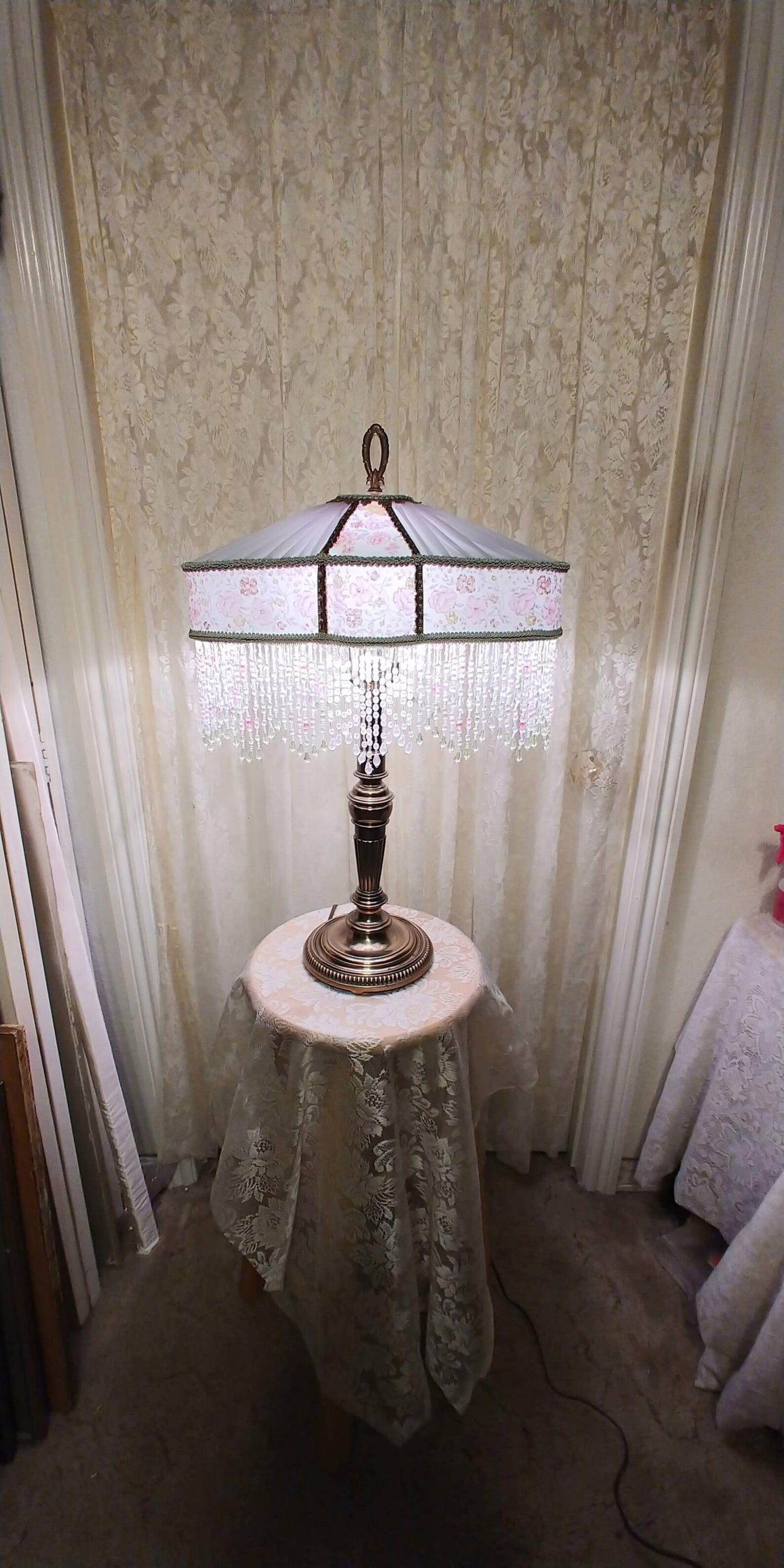 Victorian Style Lamp: Green & Rose Silk Shade, Solid Brass Base