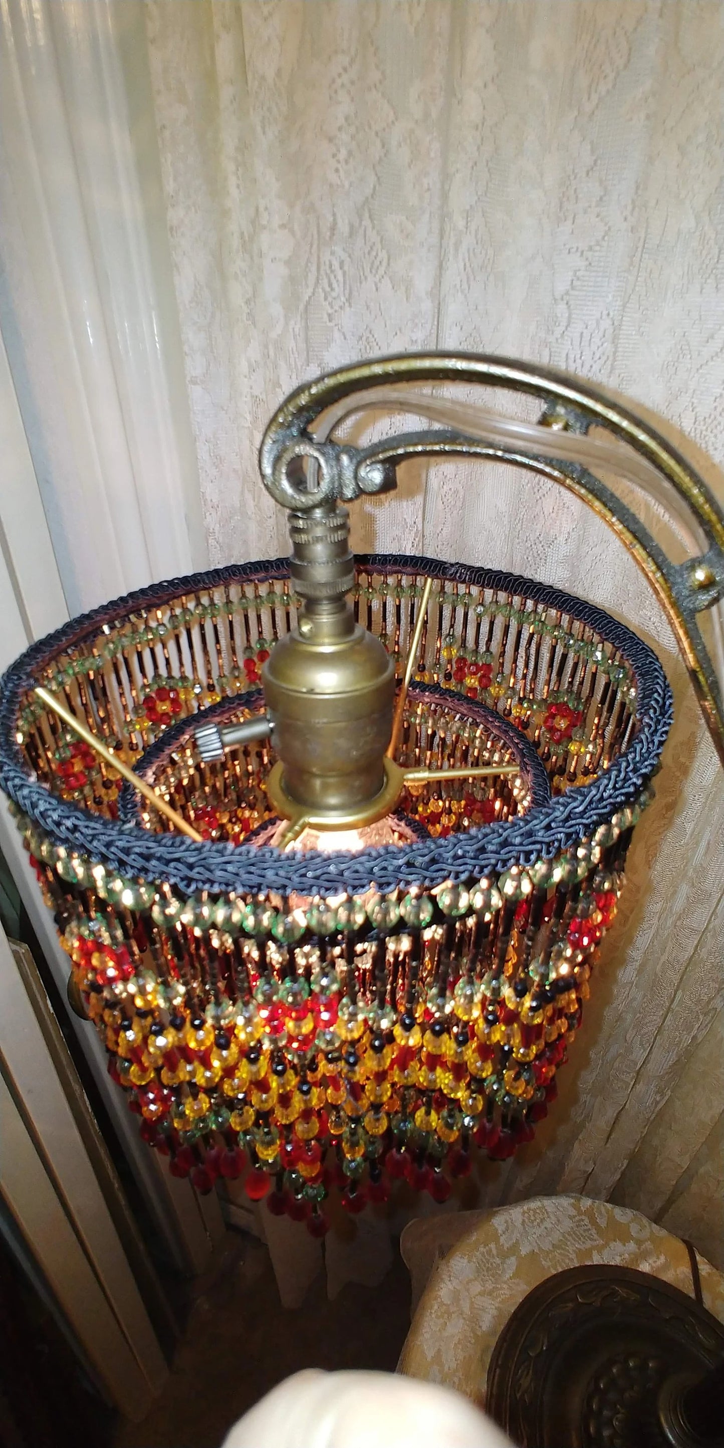 Vintage Parrott Table Bridge Lamp with Jewel tone All Bead Lamp shade
