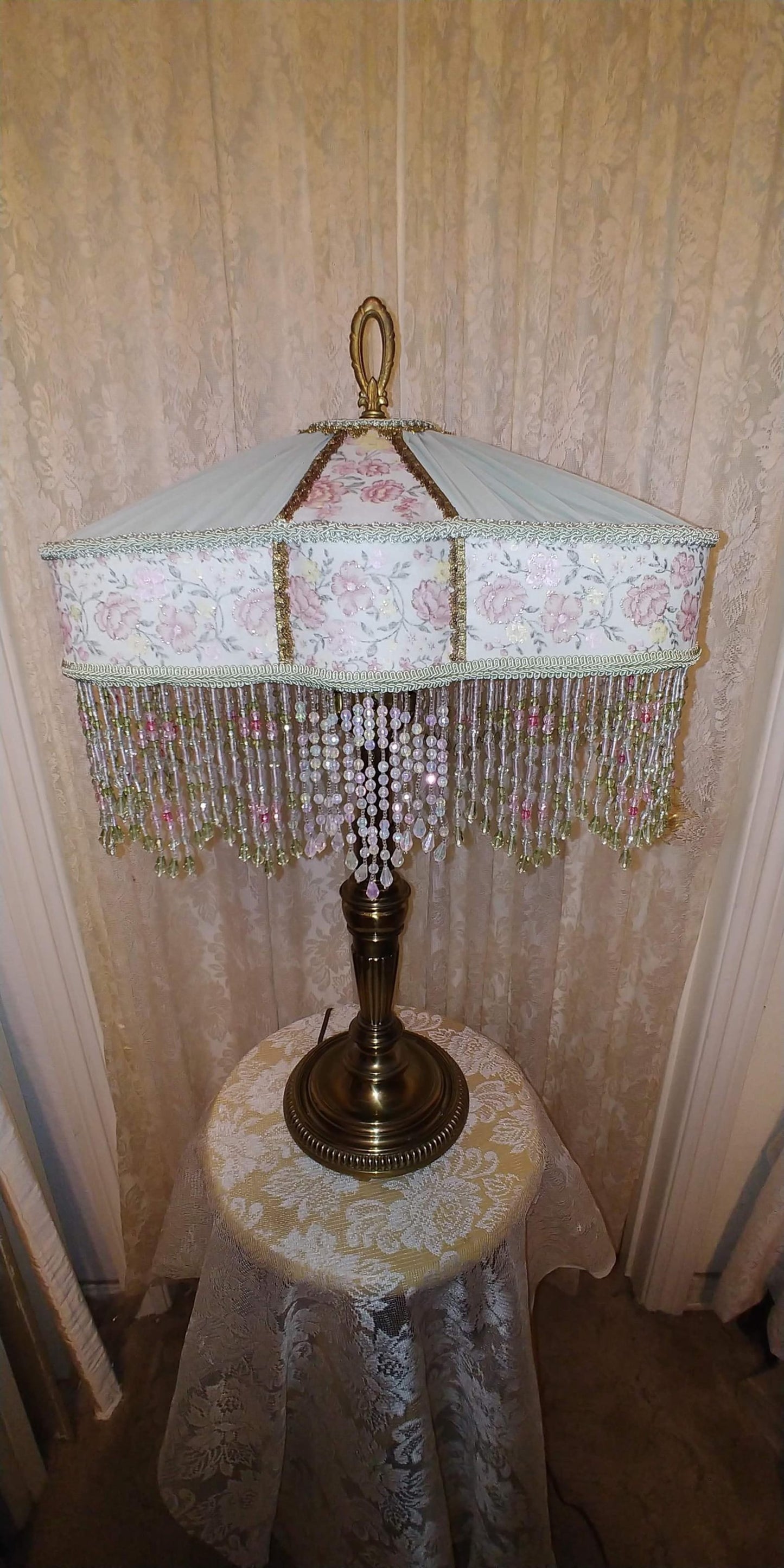 Victorian Style Lamp: Green & Rose Silk Shade, Solid Brass Base