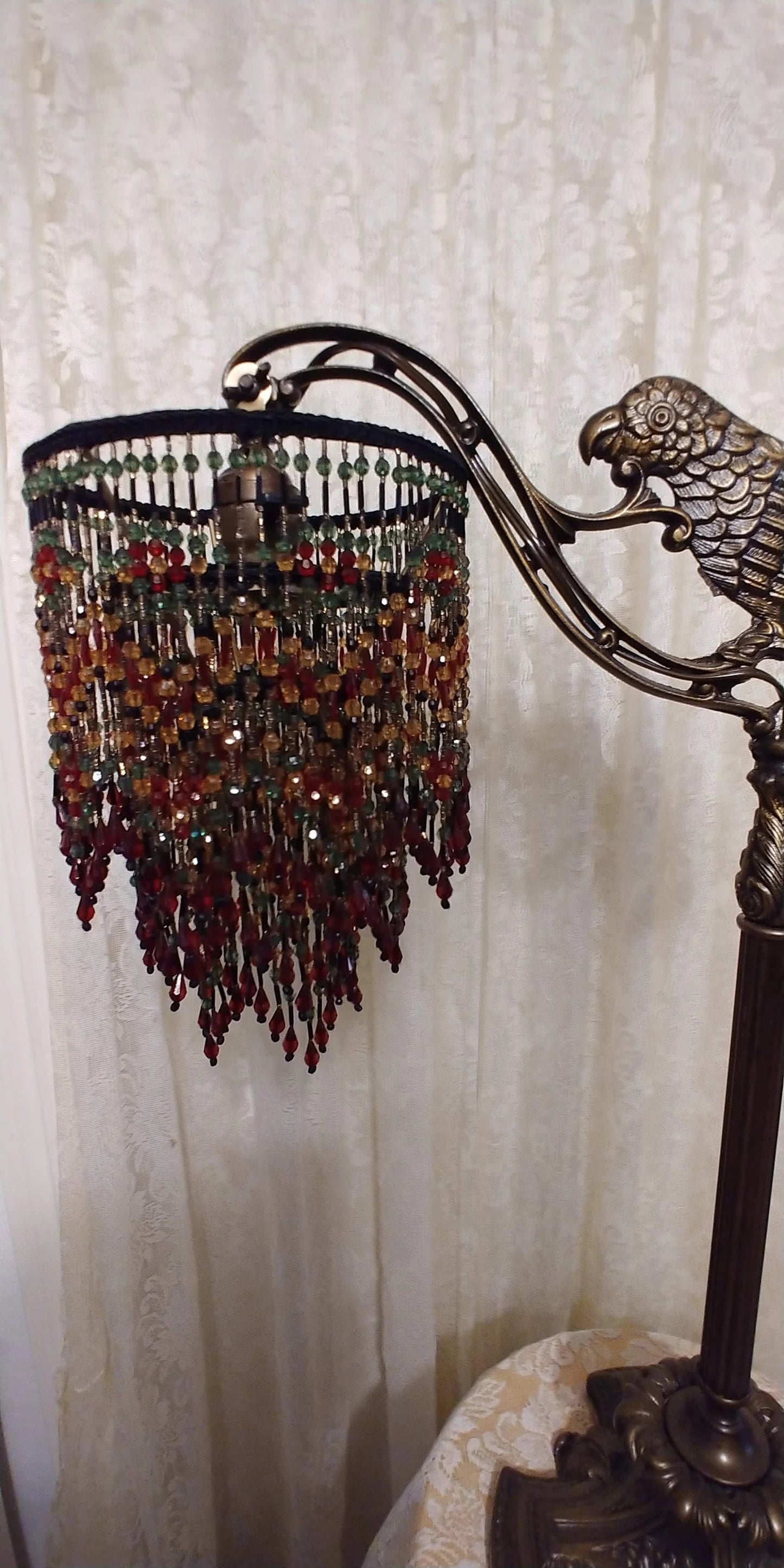 Vintage Parrott Table Bridge Lamp with Jewel tone All Bead Lamp shade