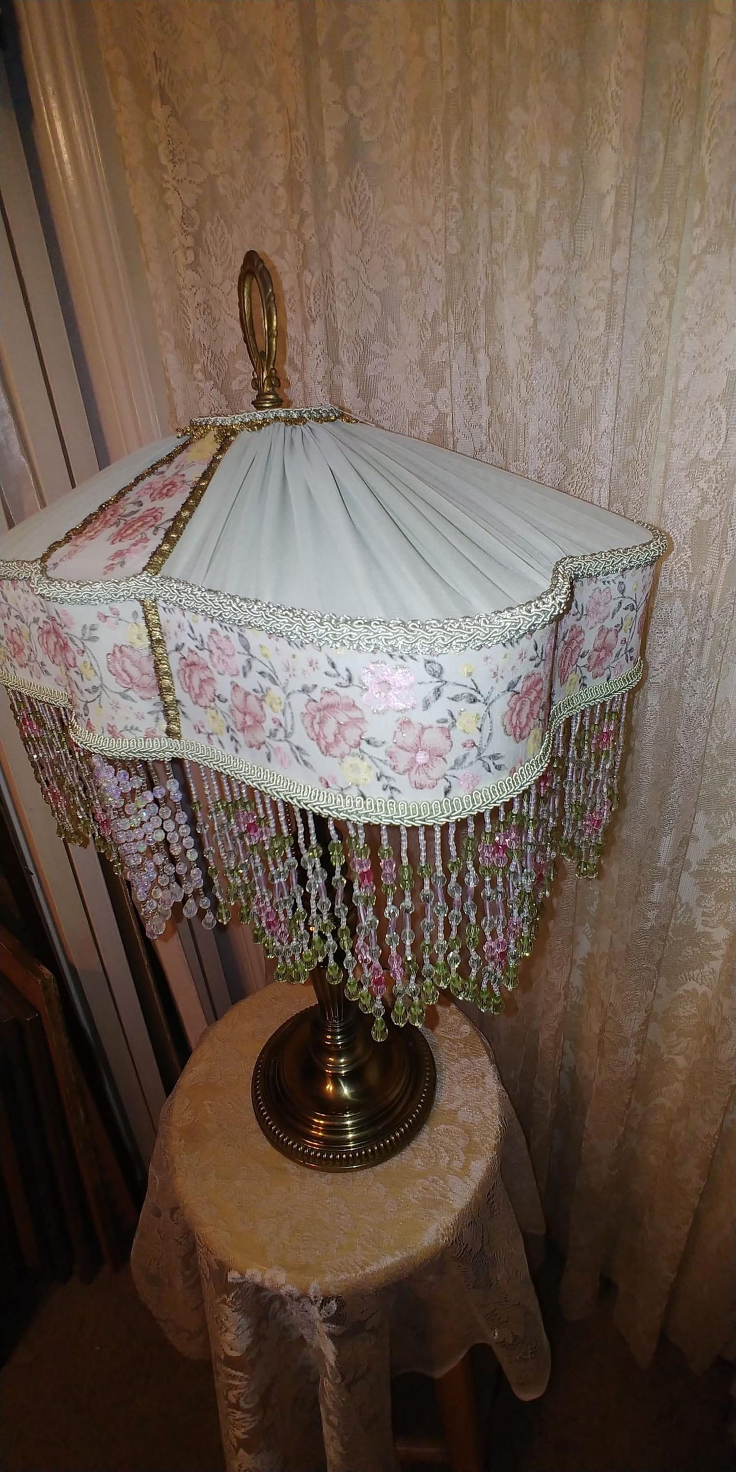 Victorian Style Lamp: Green & Rose Silk Shade, Solid Brass Base