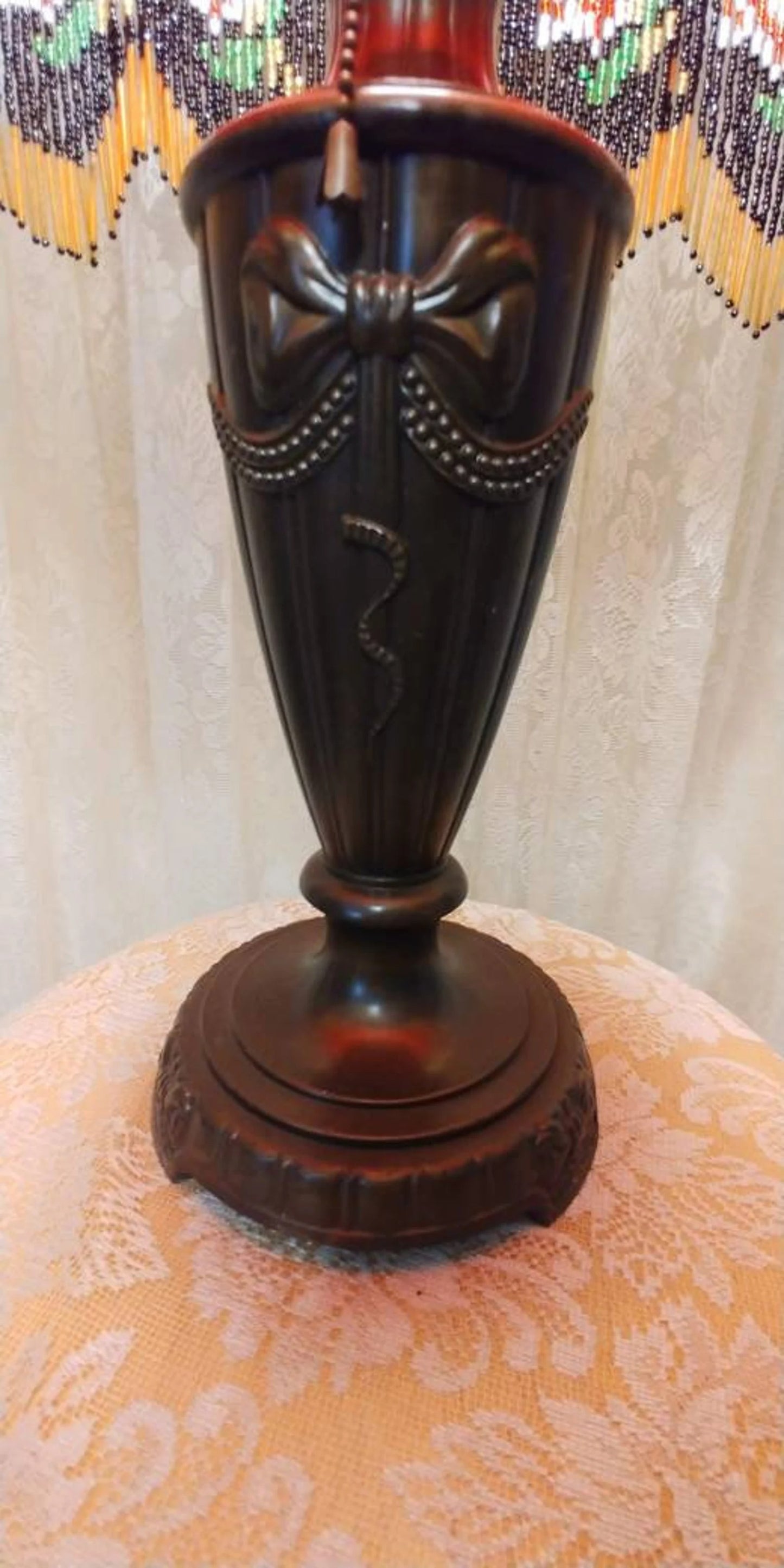 Red Roses Glass Bead Fringe on Victorian Style Table Lamp