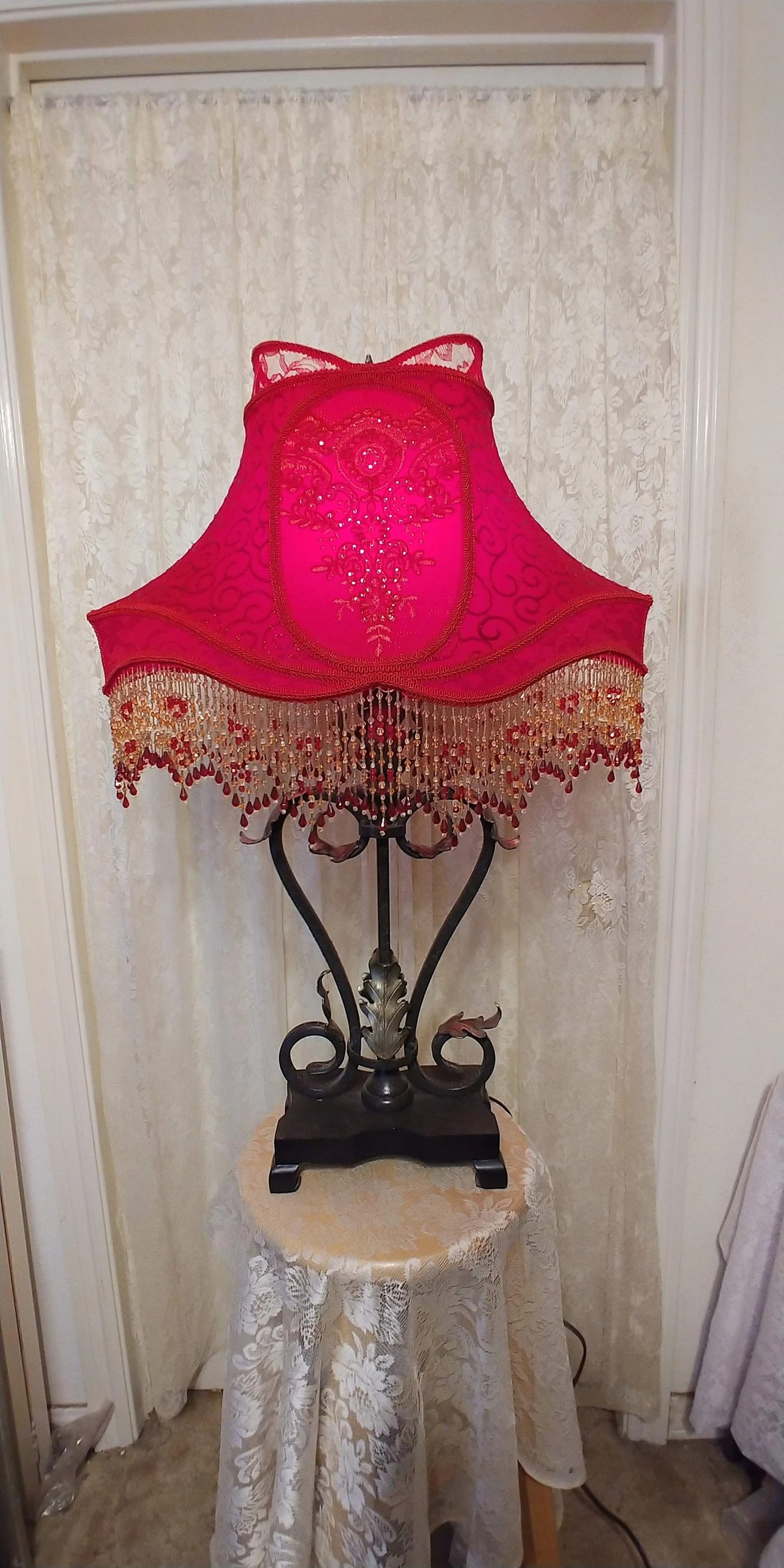 Royal House Chinese Red Beaded Lampshade with Vintage Metal Lamp 1930's era