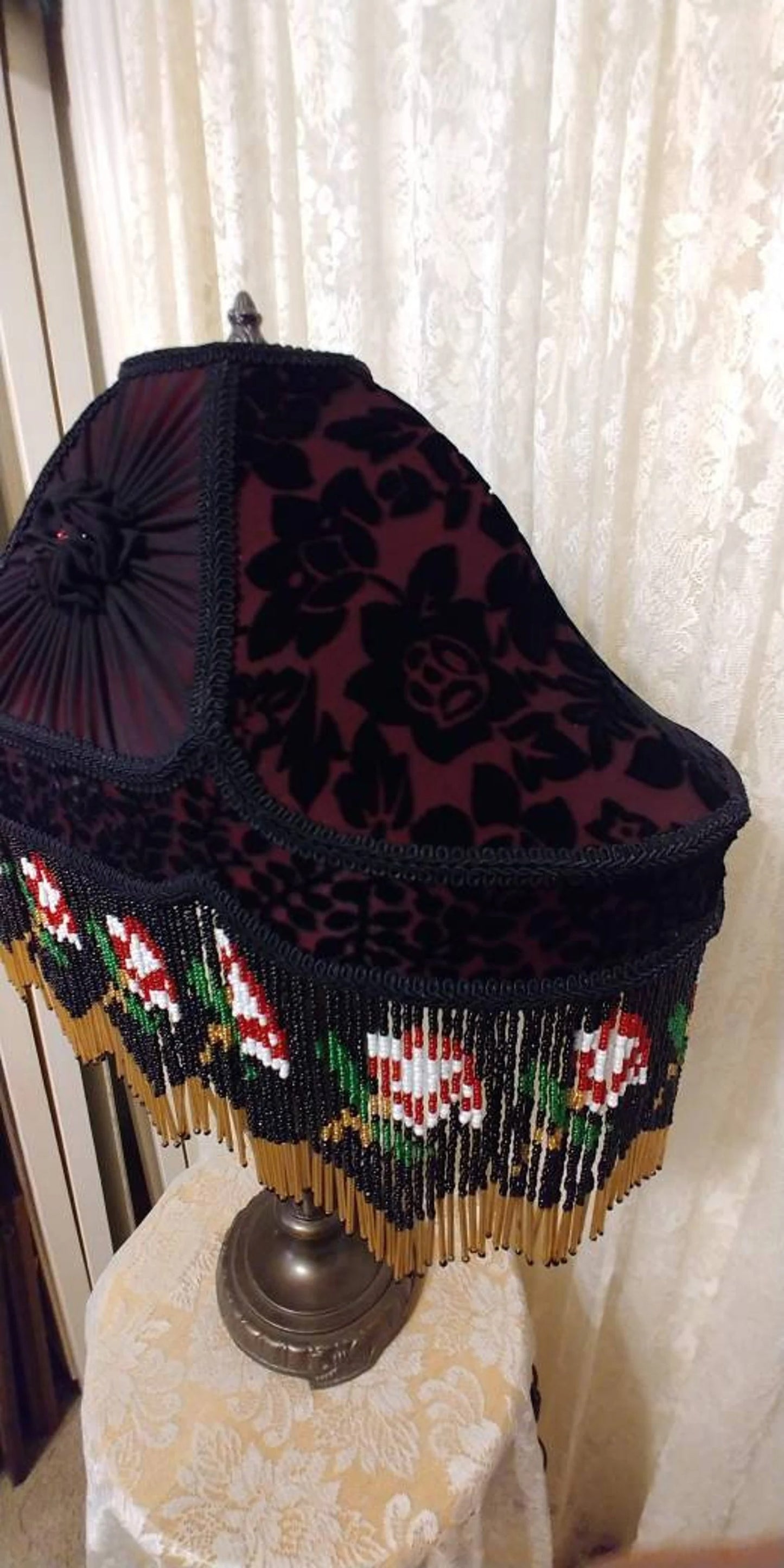 Red Roses Glass Bead Fringe on Victorian Style Table Lamp