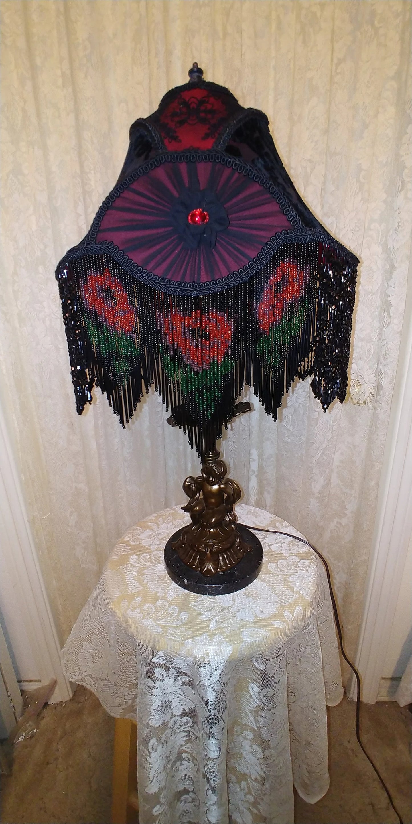 Gothic Black Marble 23" Vintage Table Lamp with Crimson & Black silk Lampshade