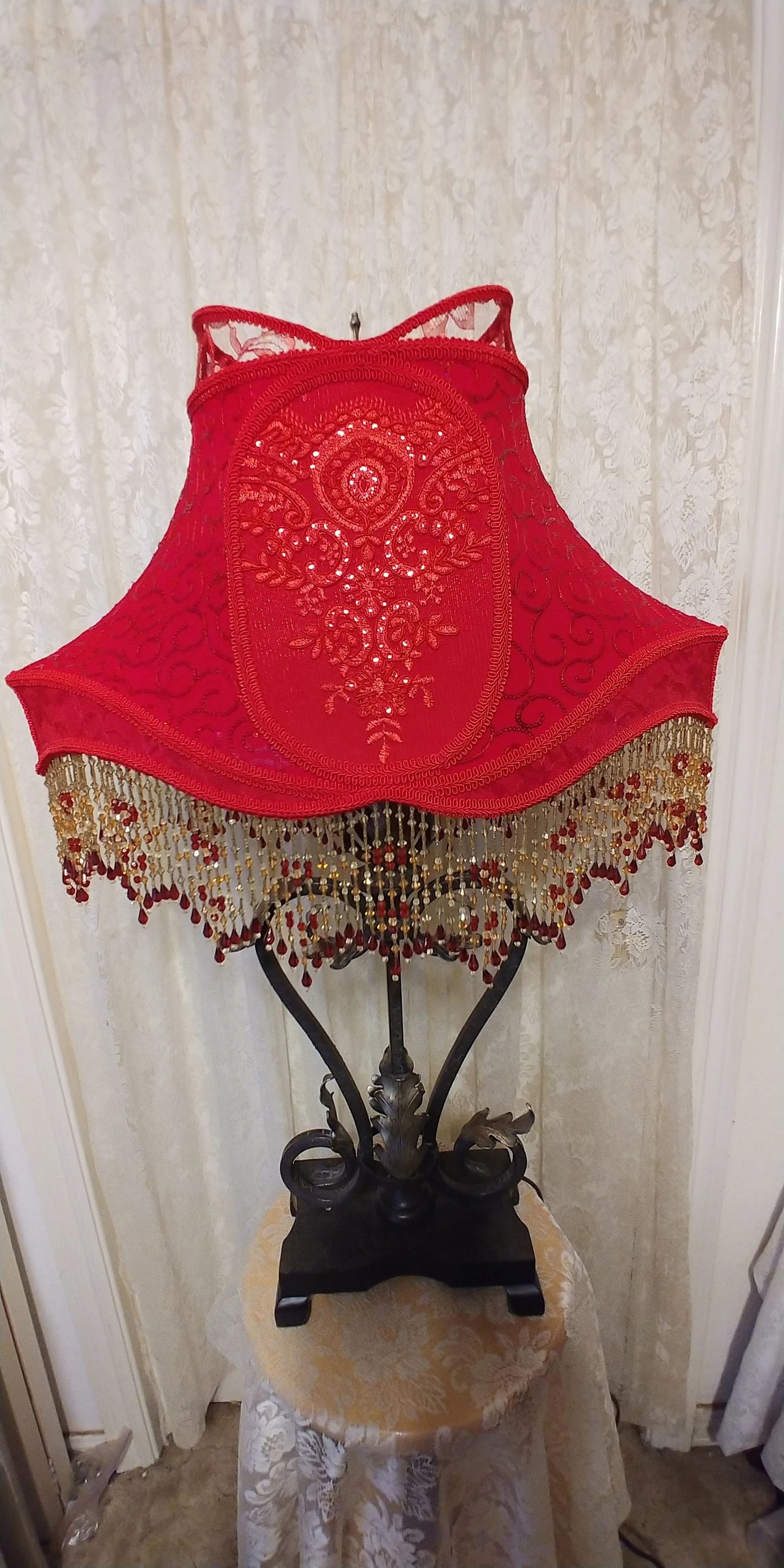Royal House Chinese Red Beaded Lampshade with Vintage Metal Lamp 1930's era