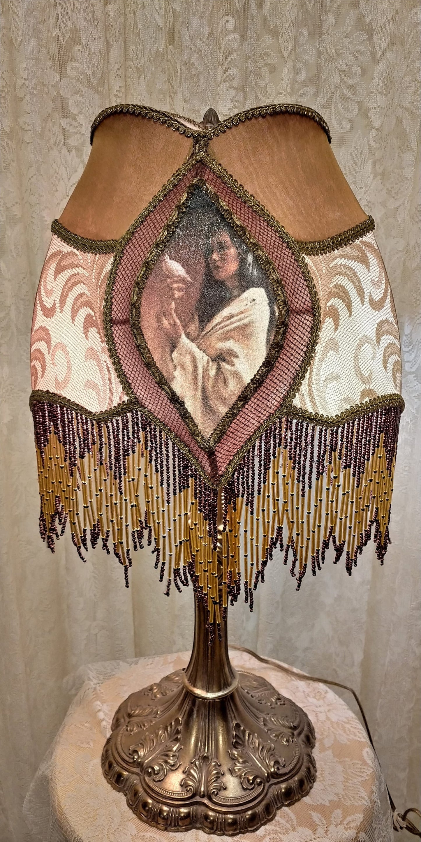 Warrior & Indian Maiden Vintage Cabin/Rustic Lamp with Shade Glass Bead Fringe
