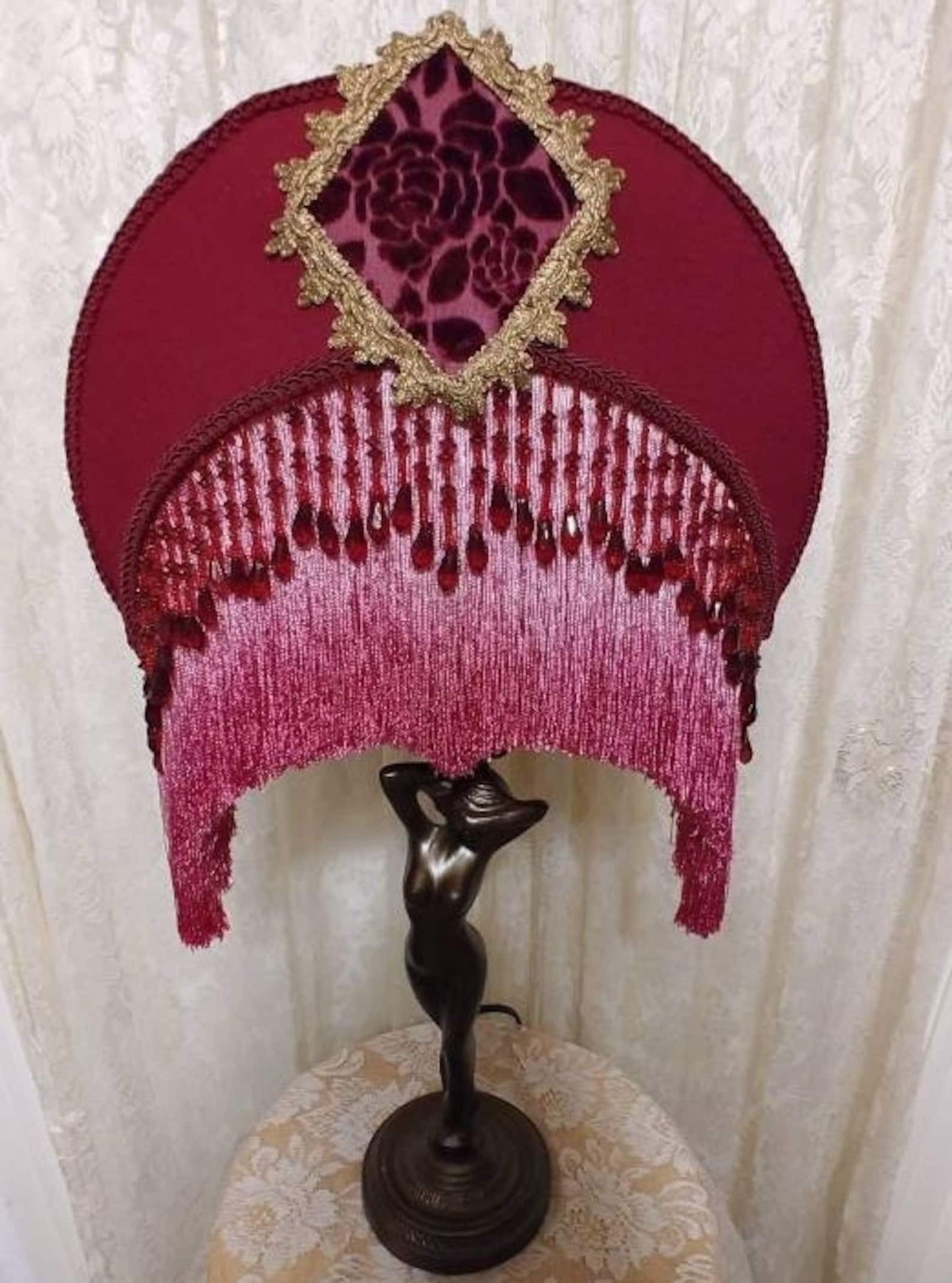 Art Deco Shy Nude Lamp 1930 era w Silk Cranberry Rose Crescent Lampshade Bead over Fringe