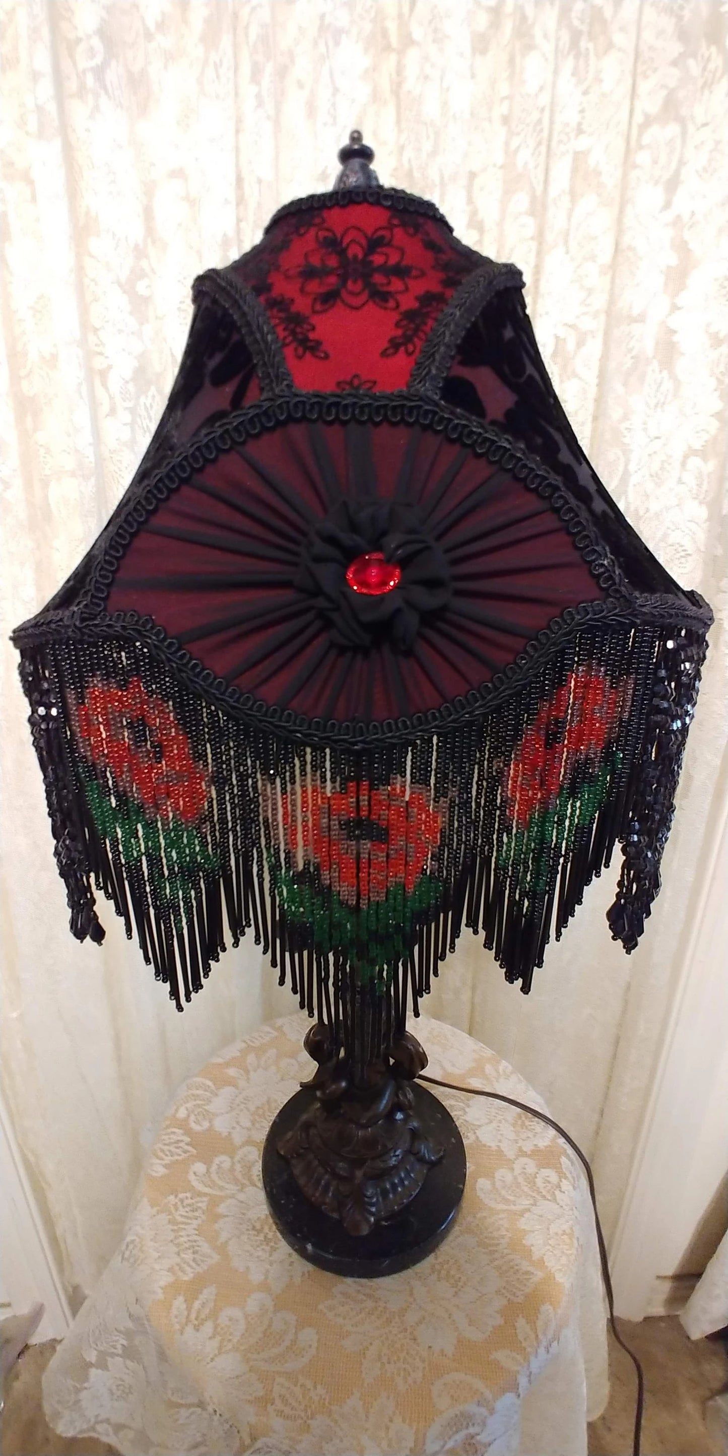 Gothic Black Marble 23" Vintage Table Lamp with Crimson & Black silk Lampshade