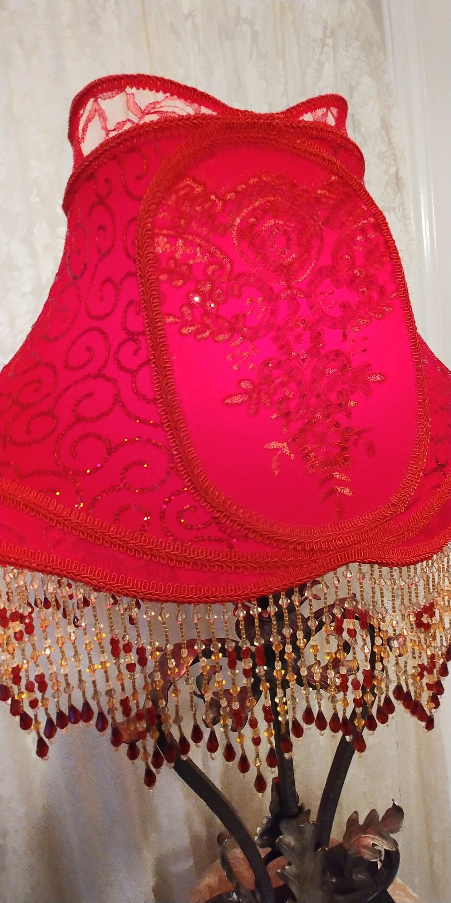 Royal House Chinese Red Beaded Lampshade with Vintage Metal Lamp 1930's era