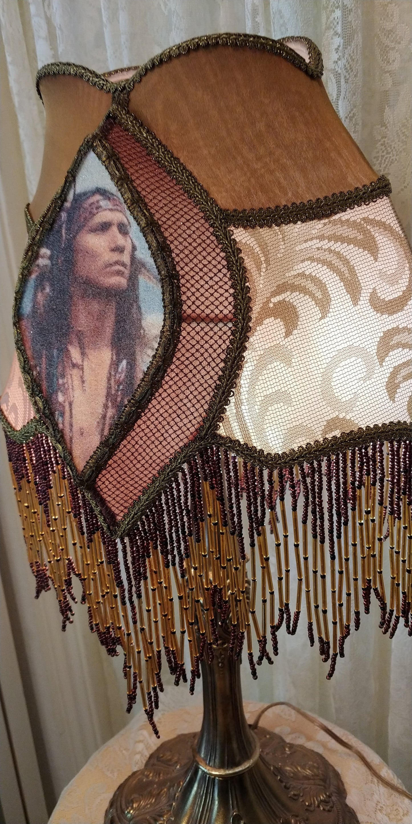Warrior & Indian Maiden Vintage Cabin/Rustic Lamp with Shade Glass Bead Fringe