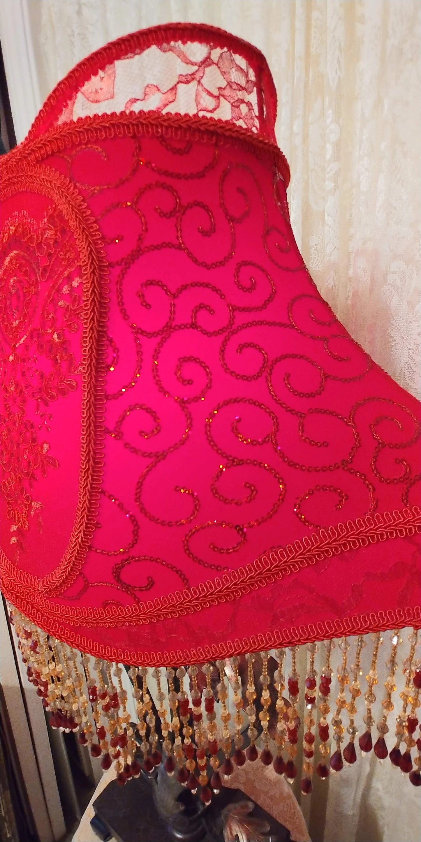 Royal House Chinese Red Beaded Lampshade with Vintage Metal Lamp 1930's era
