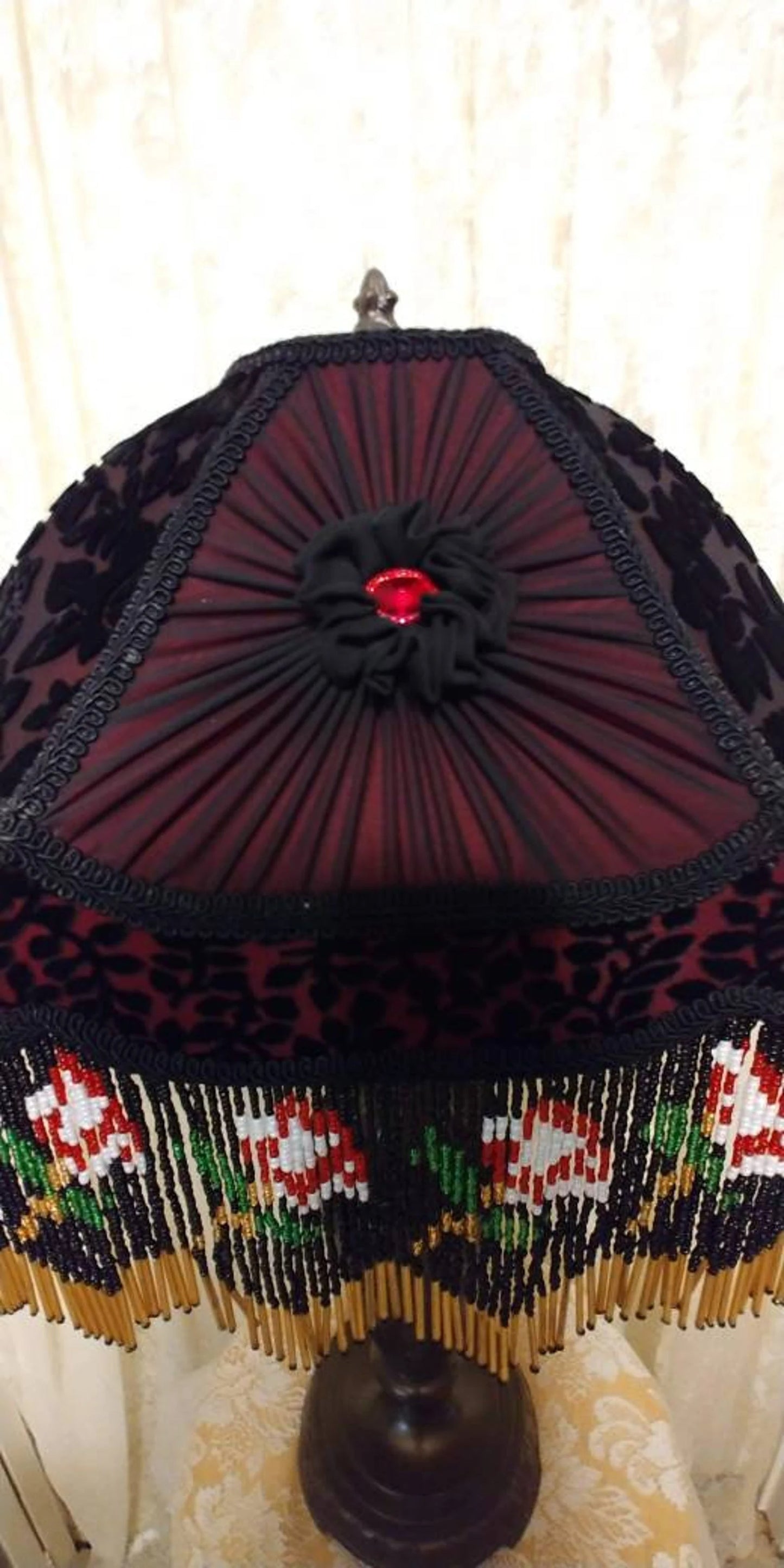 Red Roses Glass Bead Fringe on Victorian Style Table Lamp