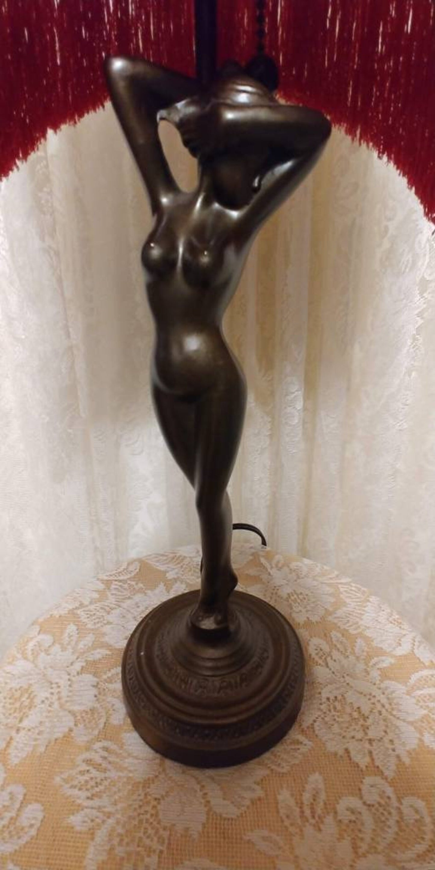 Art Deco Shy Nude Lamp 1930 era w Silk Cranberry Rose Crescent Lampshade Bead over Fringe