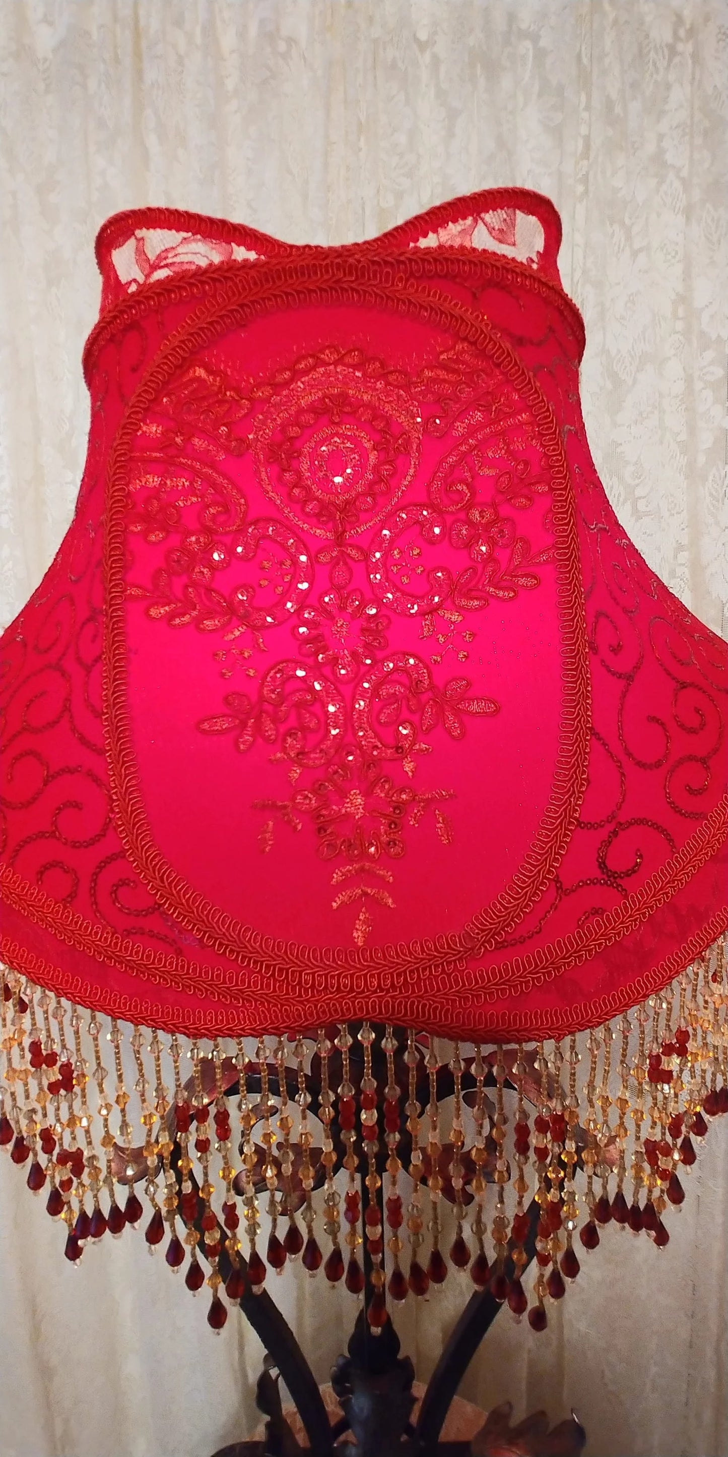 Royal House Chinese Red Beaded Lampshade with Vintage Metal Lamp 1930's era