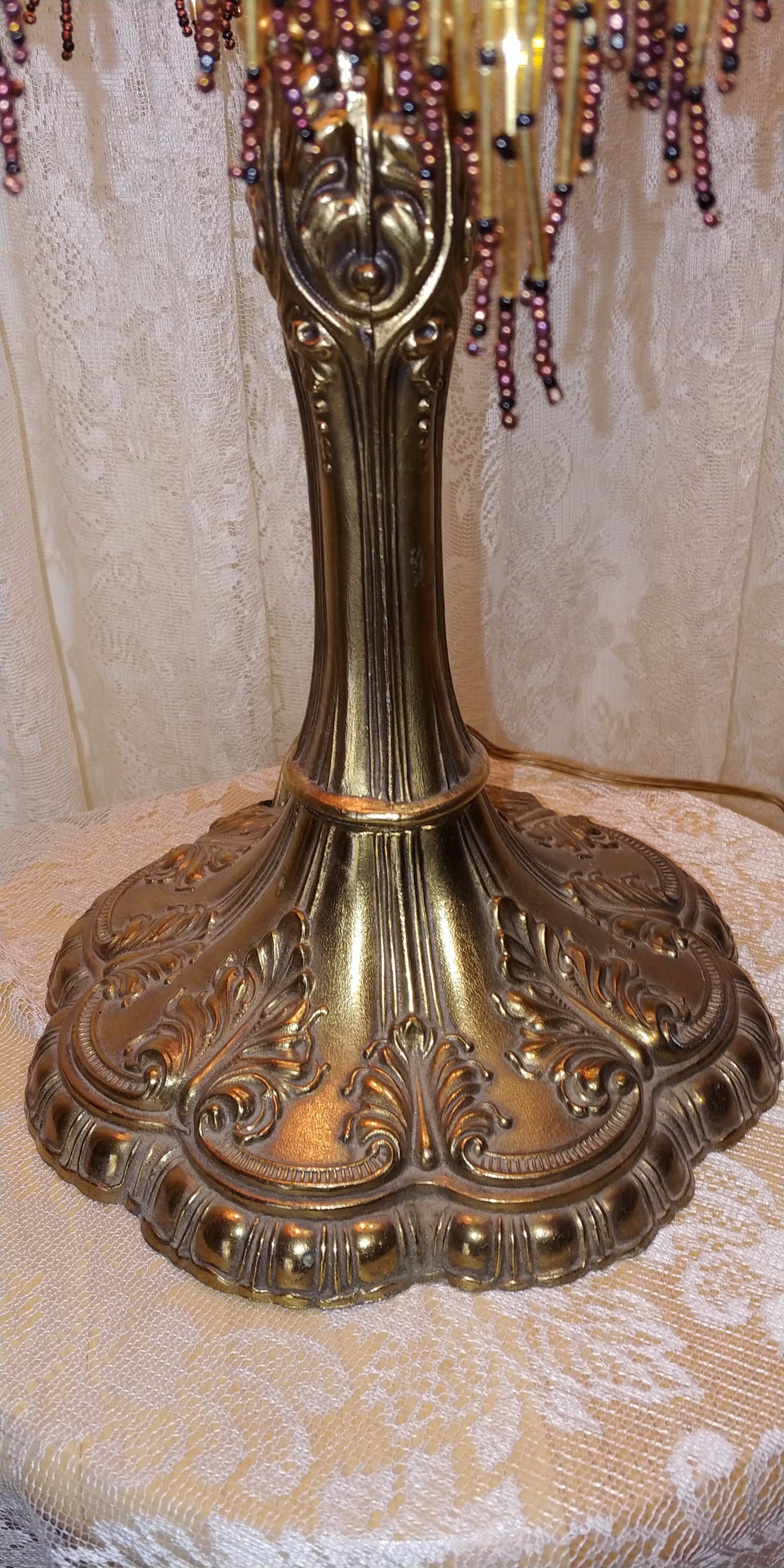Warrior & Indian Maiden Vintage Cabin/Rustic Lamp with Shade Glass Bead Fringe