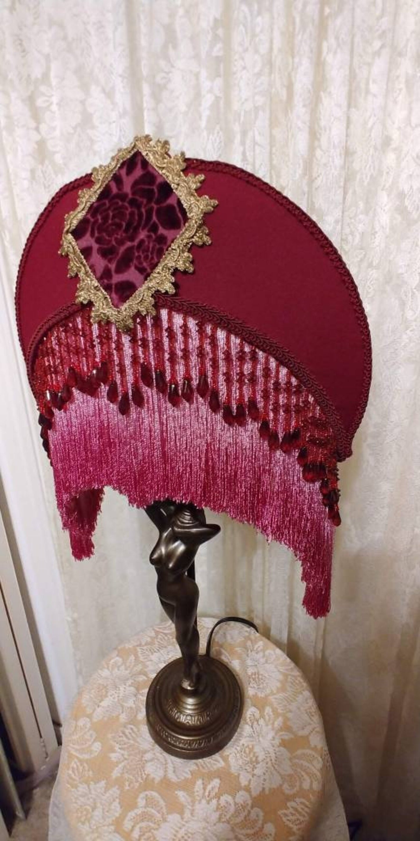 Art Deco Shy Nude Lamp 1930 era w Silk Cranberry Rose Crescent Lampshade Bead over Fringe