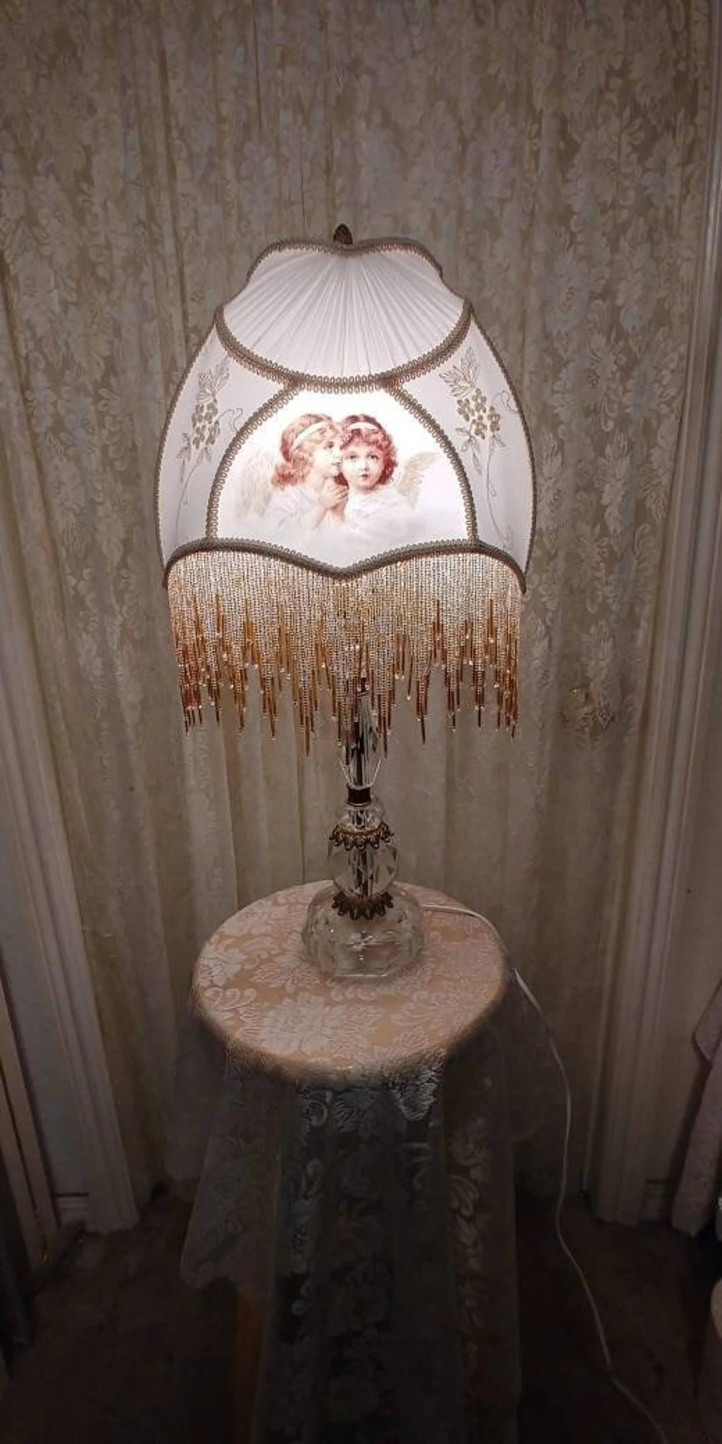 Angel Victortian Lampshade 25" ht. on Crystal lamp all glass bead fringe