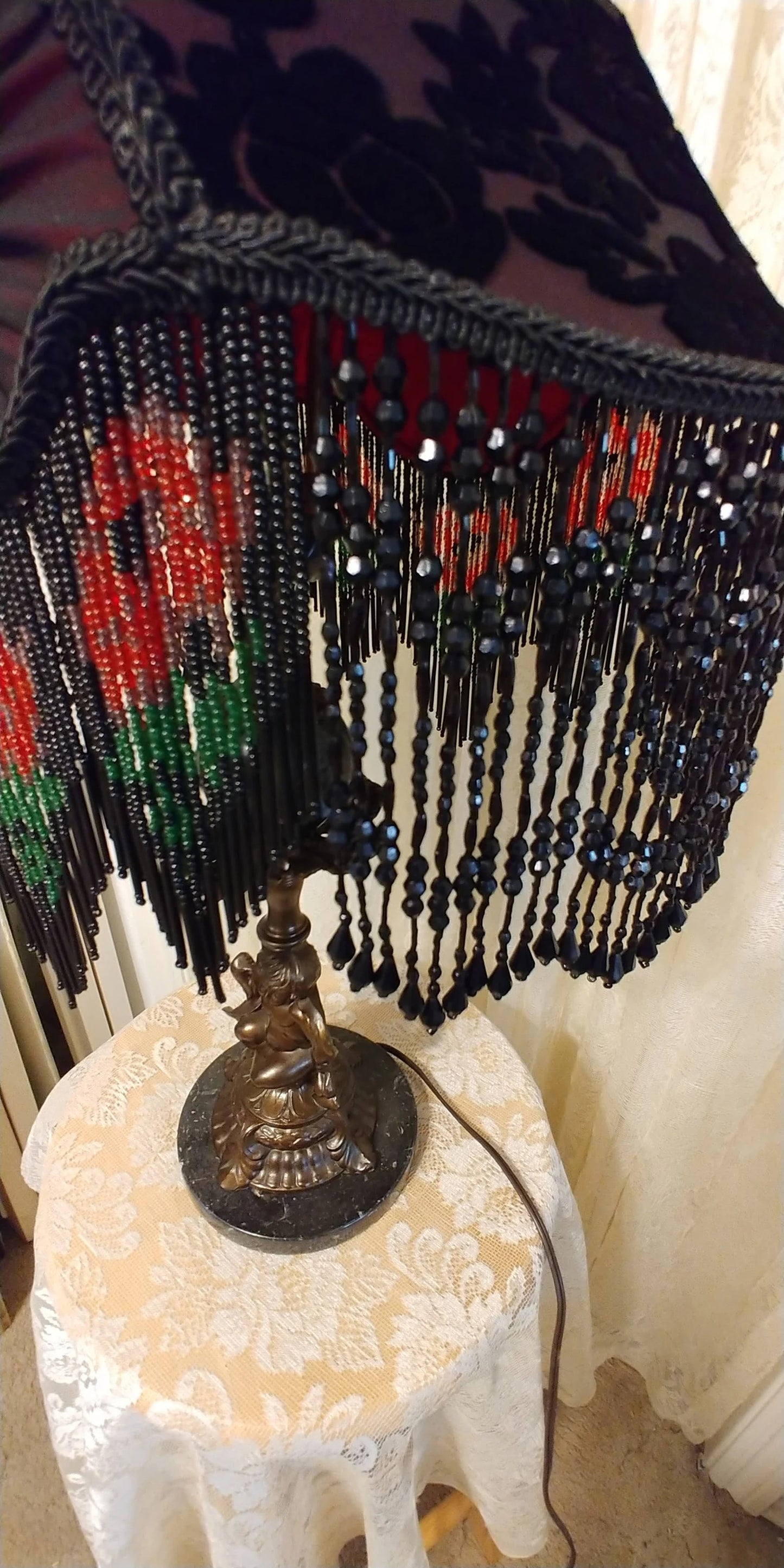 Gothic Black Marble 23" Vintage Table Lamp with Crimson & Black silk Lampshade