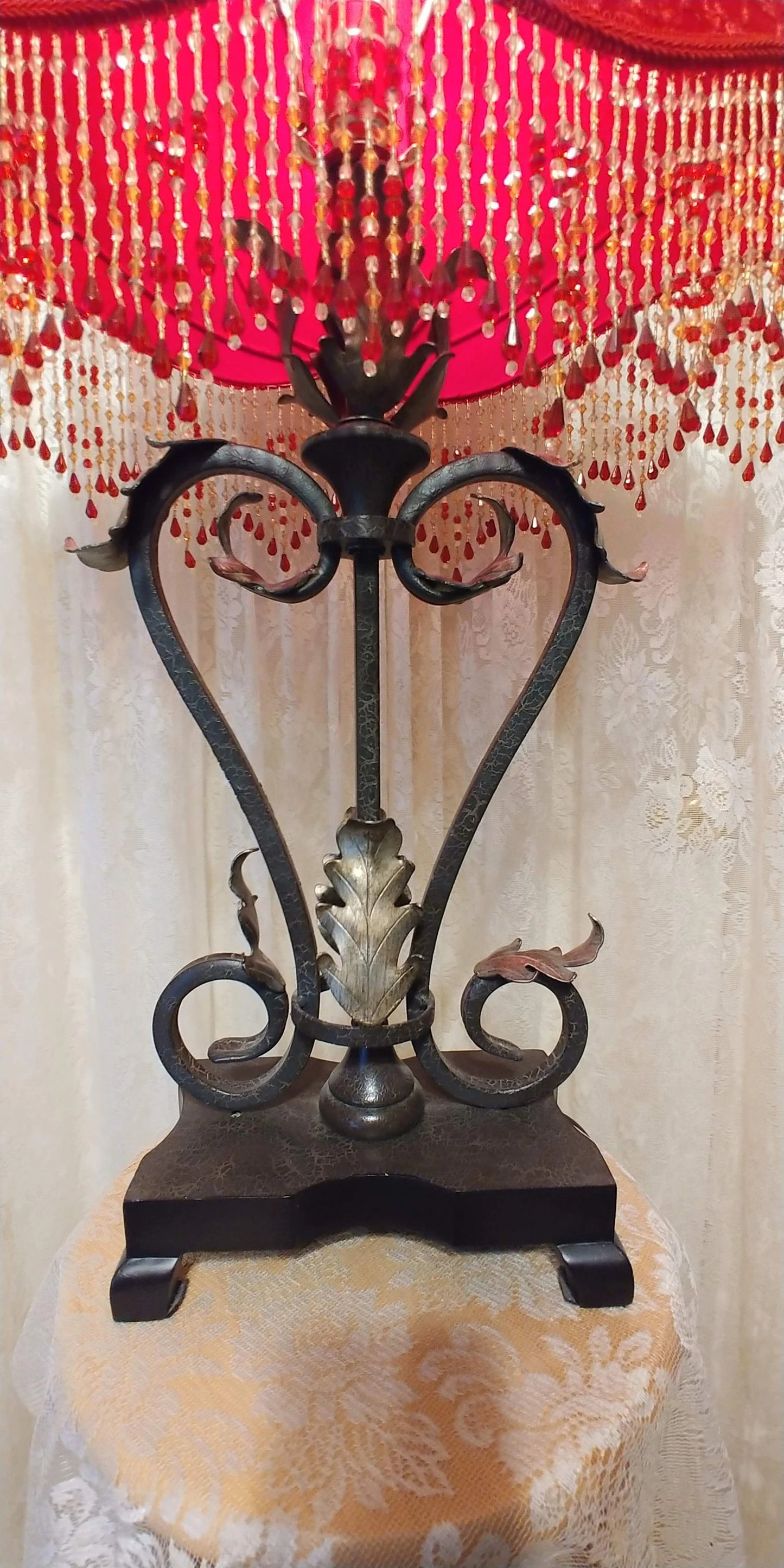 Royal House Chinese Red Beaded Lampshade with Vintage Metal Lamp 1930's era