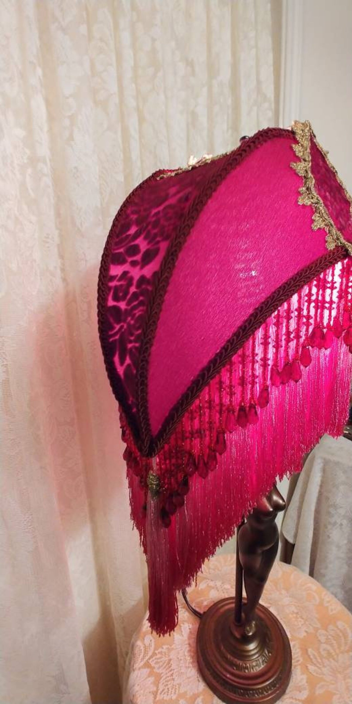Art Deco Shy Nude Lamp 1930 era w Silk Cranberry Rose Crescent Lampshade Bead over Fringe