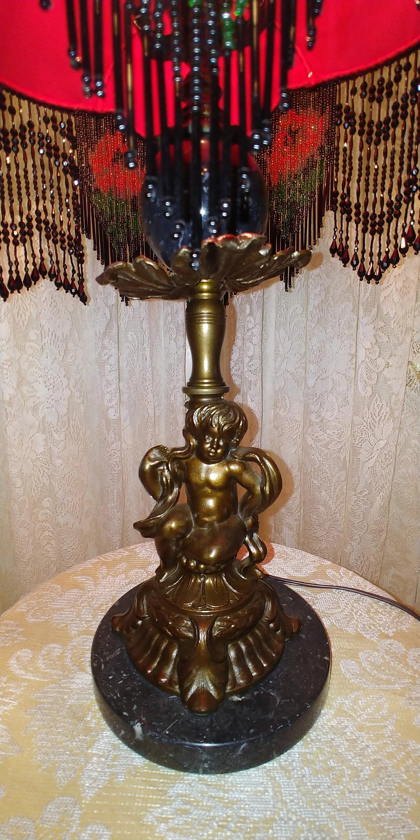 Gothic Black Marble 23" Vintage Table Lamp with Crimson & Black silk Lampshade