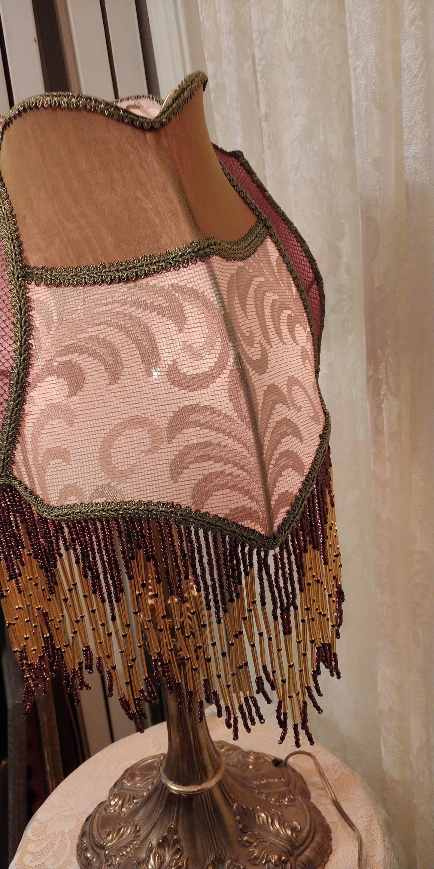 Warrior & Indian Maiden Vintage Cabin/Rustic Lamp with Shade Glass Bead Fringe