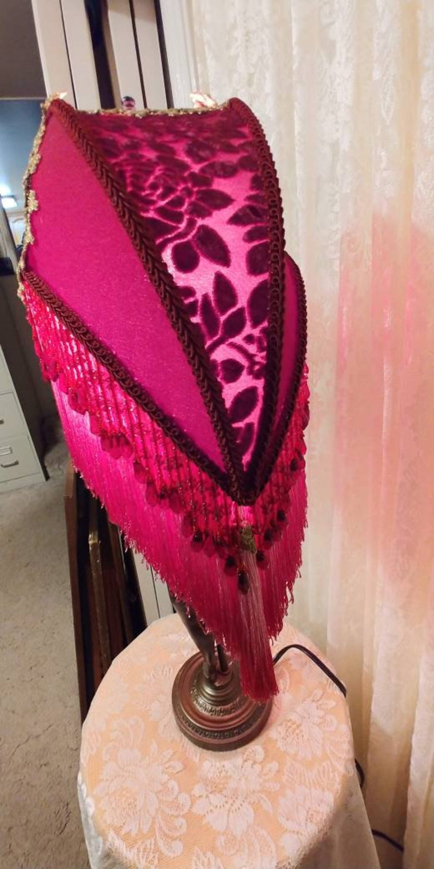 Art Deco Shy Nude Lamp 1930 era w Silk Cranberry Rose Crescent Lampshade Bead over Fringe