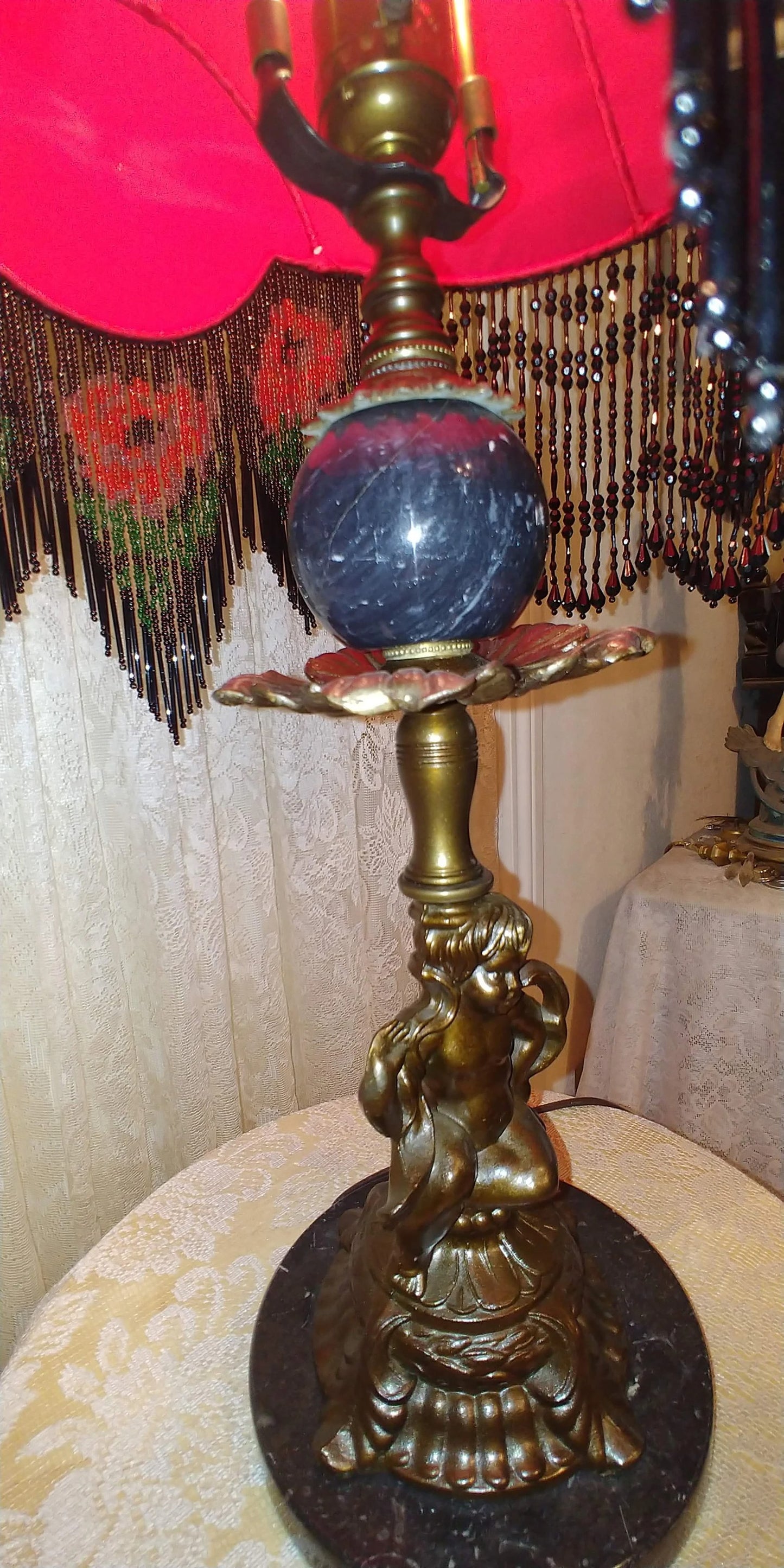 Gothic Black Marble 23" Vintage Table Lamp with Crimson & Black silk Lampshade