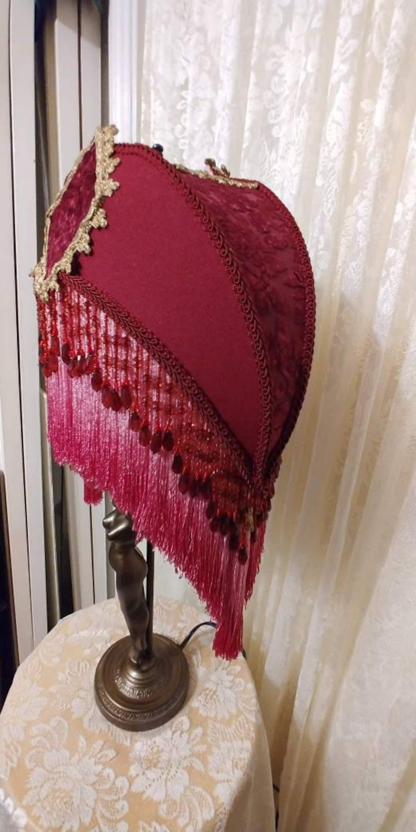 Art Deco Shy Nude Lamp 1930 era w Silk Cranberry Rose Crescent Lampshade Bead over Fringe