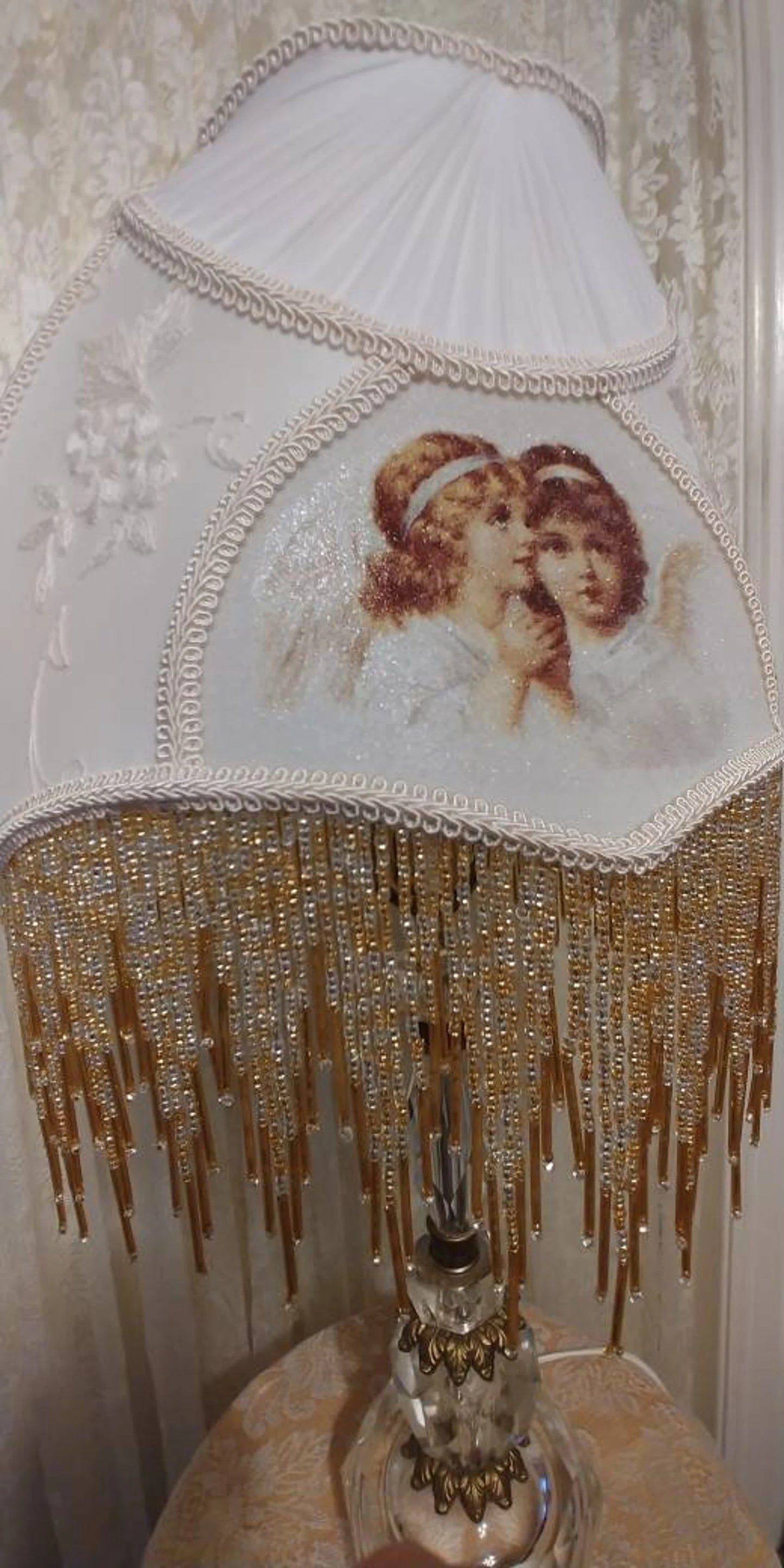 Angel Victortian Lampshade 25" ht. on Crystal lamp all glass bead fringe