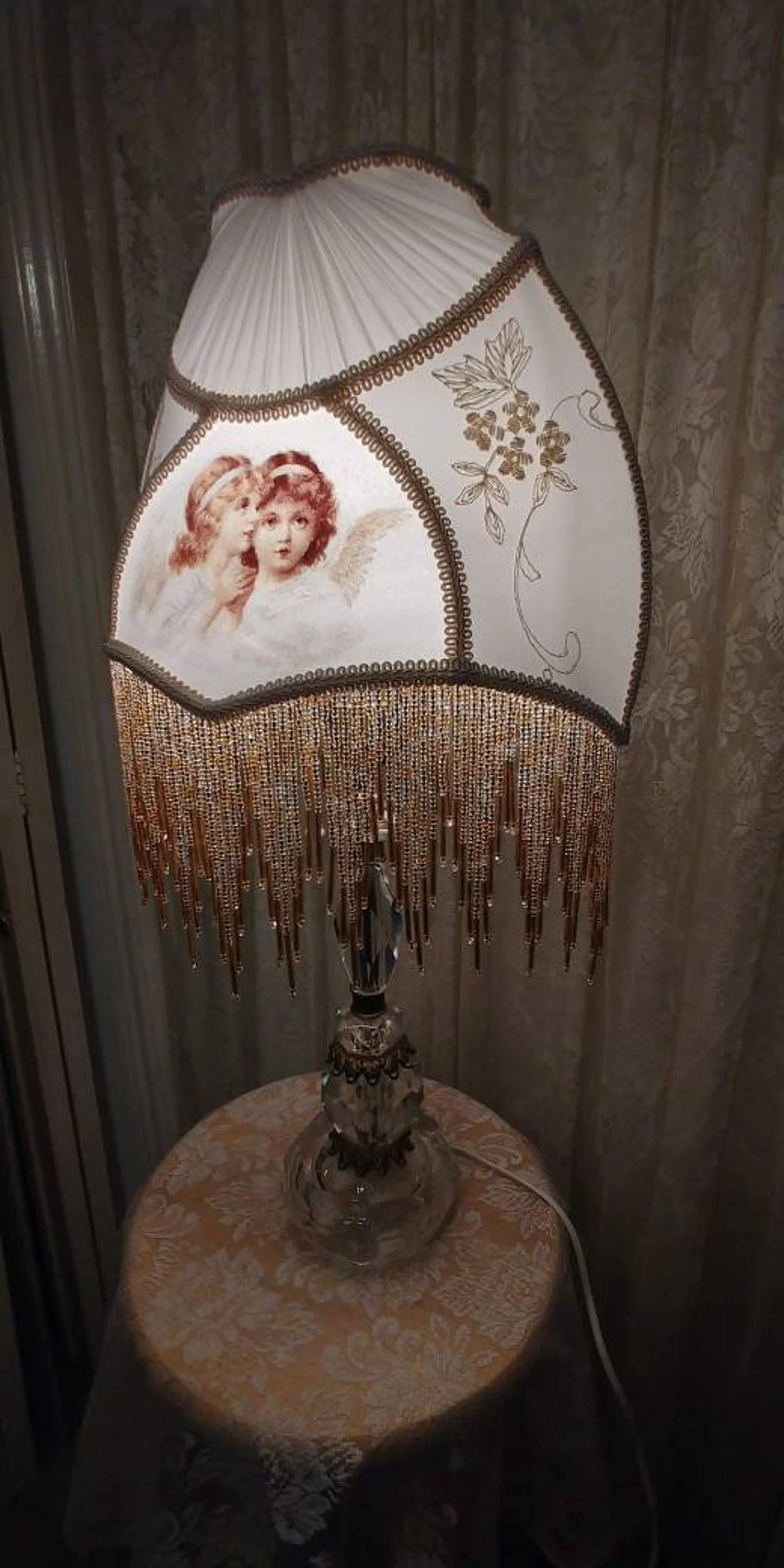 Angel Victortian Lampshade 25" ht. on Crystal lamp all glass bead fringe
