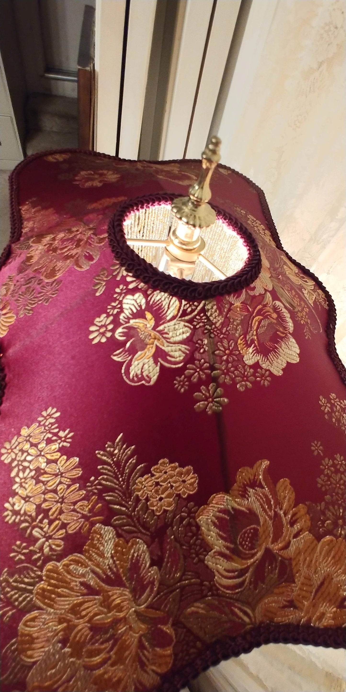 Asian Gold and Cranberry Silk Shade with Brass Table Lamp